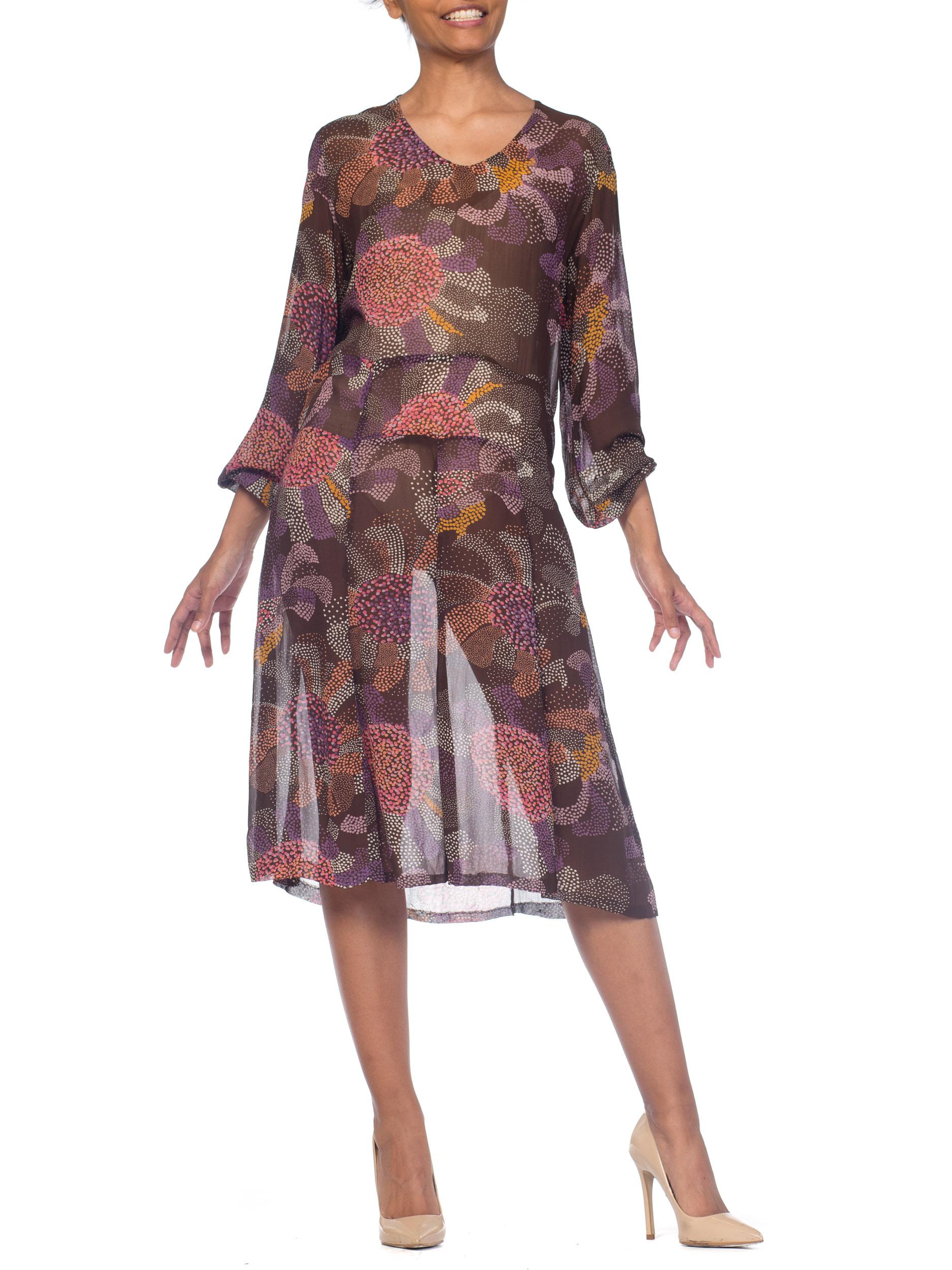1920S Brown & Pink Silk Chiffon Abstract Polka Dot Floral Long Sleeve Dress For Sale 5