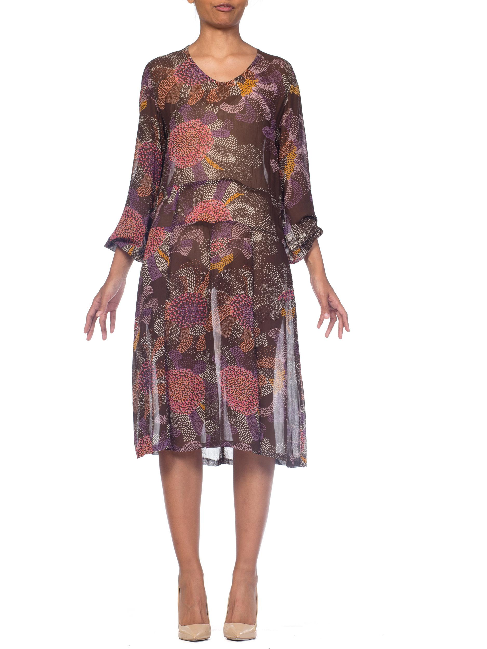 1920S Brown & Pink Silk Chiffon Abstract Polka Dot Floral Long Sleeve Dress For Sale 7