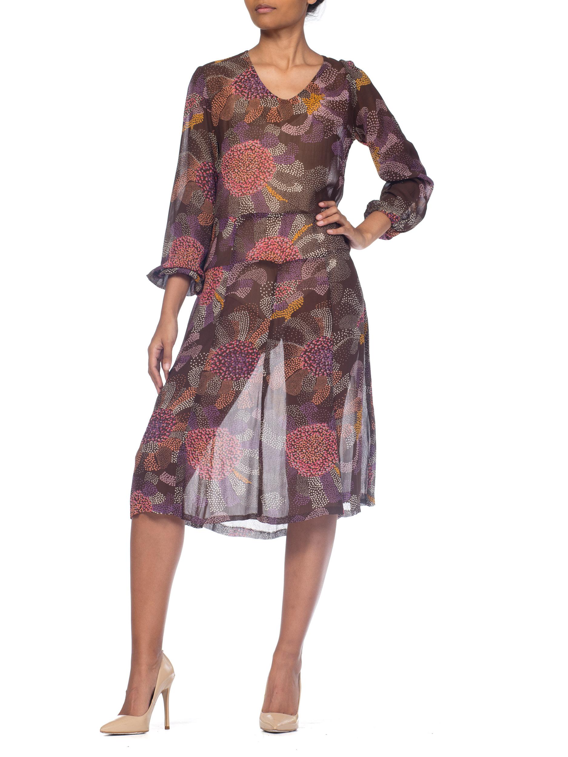 1920S Brown & Pink Silk Chiffon Abstract Polka Dot Floral Long Sleeve Dress For Sale 8