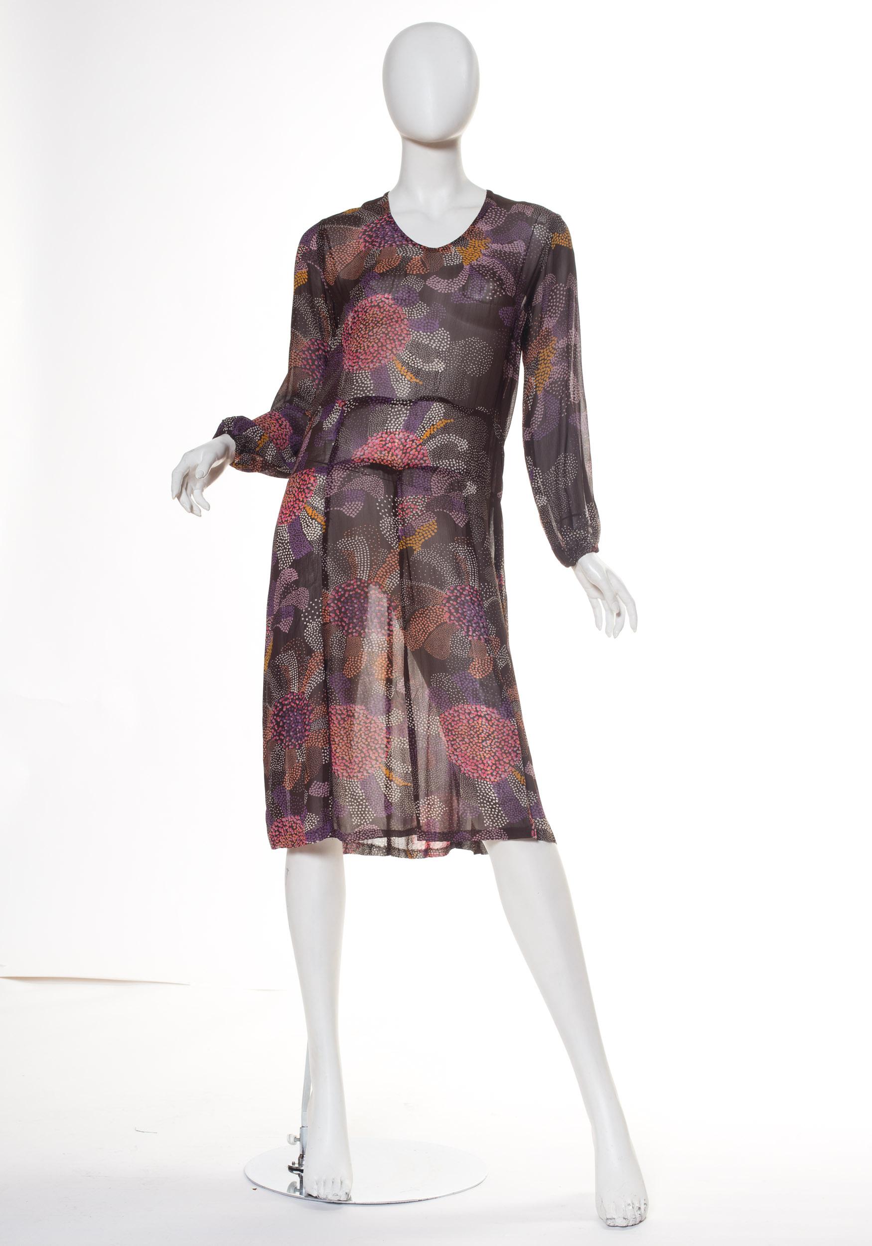 1920S Braun & Rosa Seide Chiffon Abstrakte Polka Dot Floral Langarm Kleid