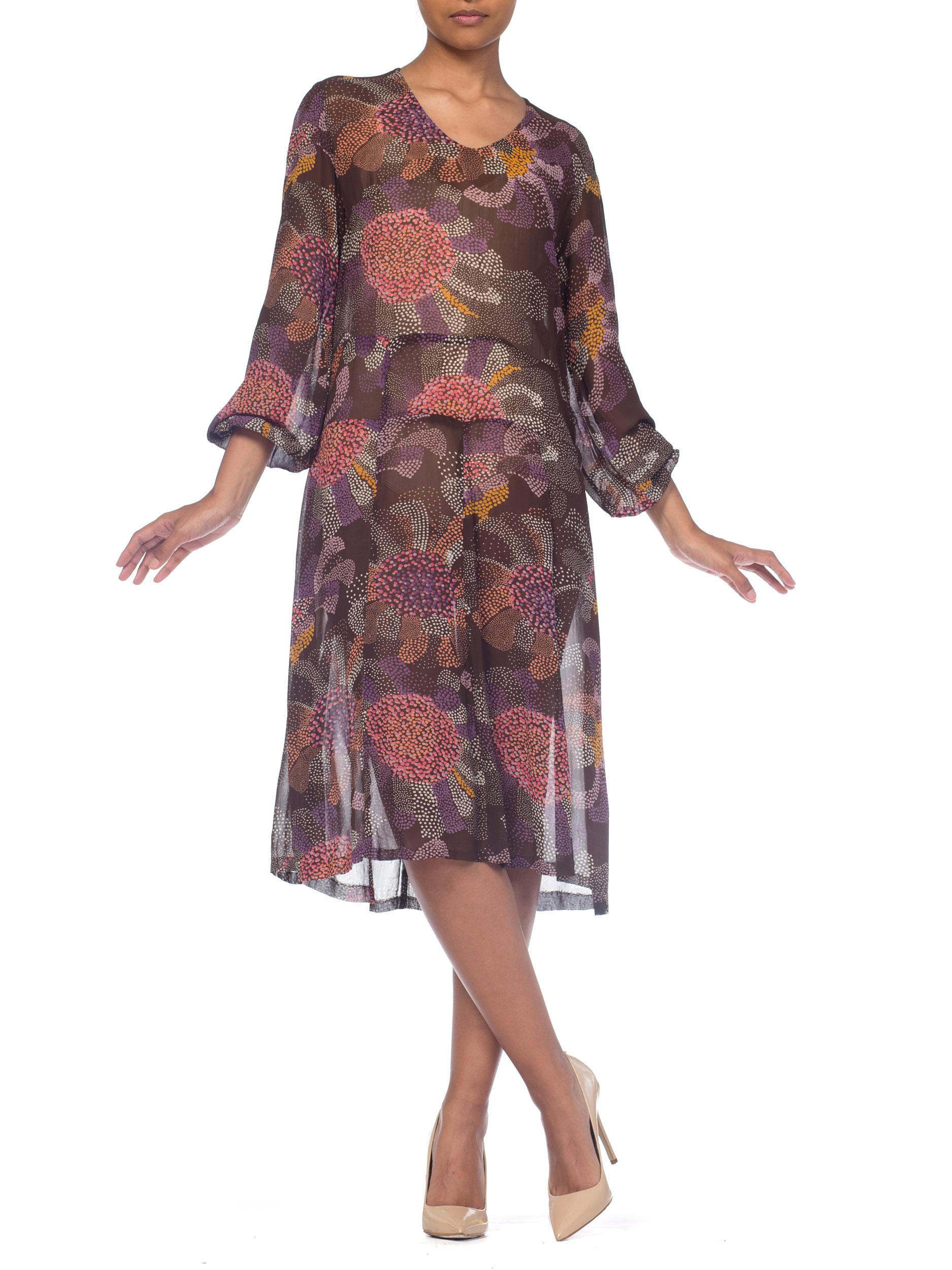 Gray 1920S Brown & Pink Silk Chiffon Abstract Polka Dot Floral Long Sleeve Dress For Sale