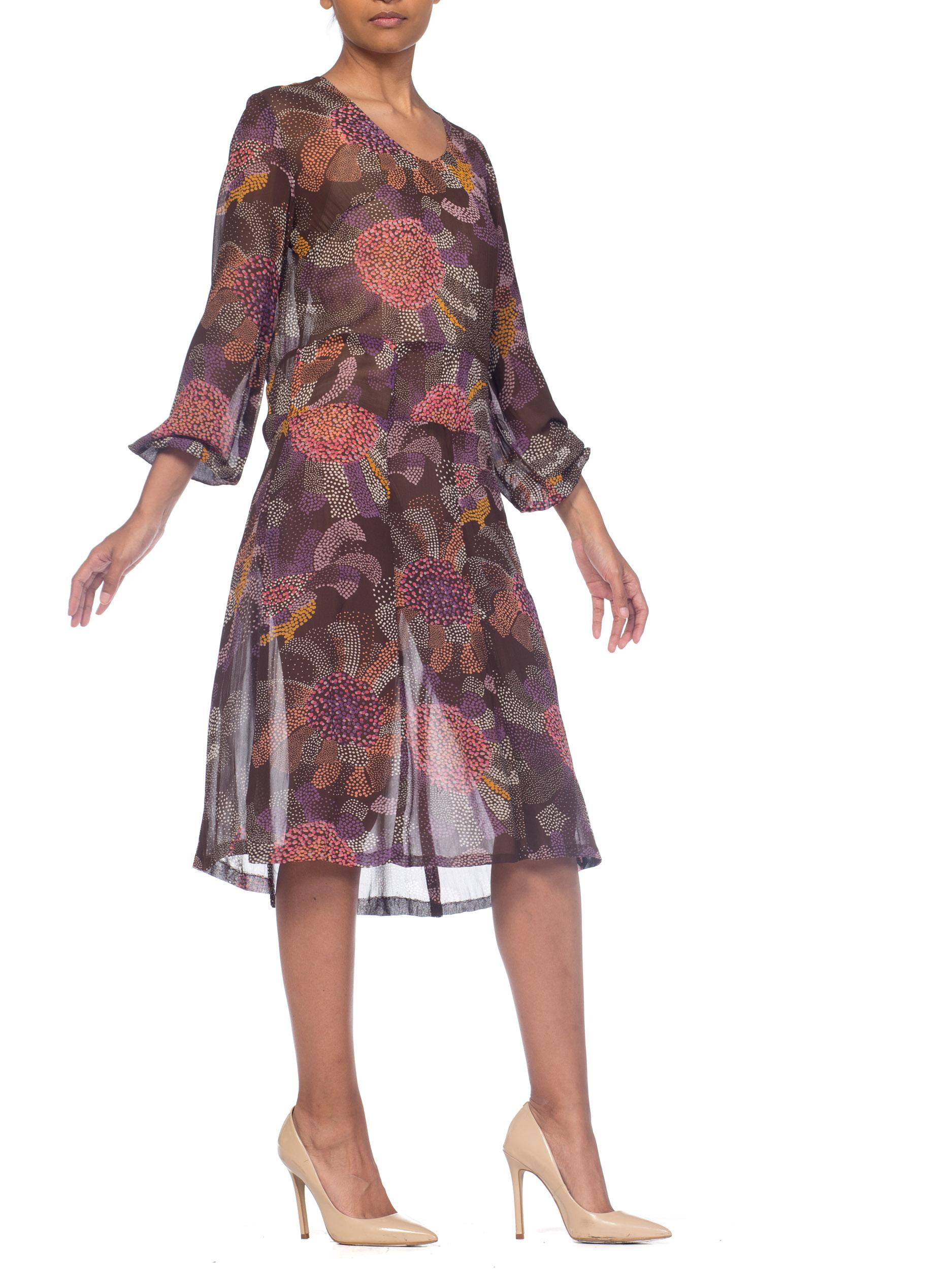 1920S Brown & Pink Silk Chiffon Abstract Polka Dot Floral Long Sleeve Dress In Excellent Condition For Sale In New York, NY
