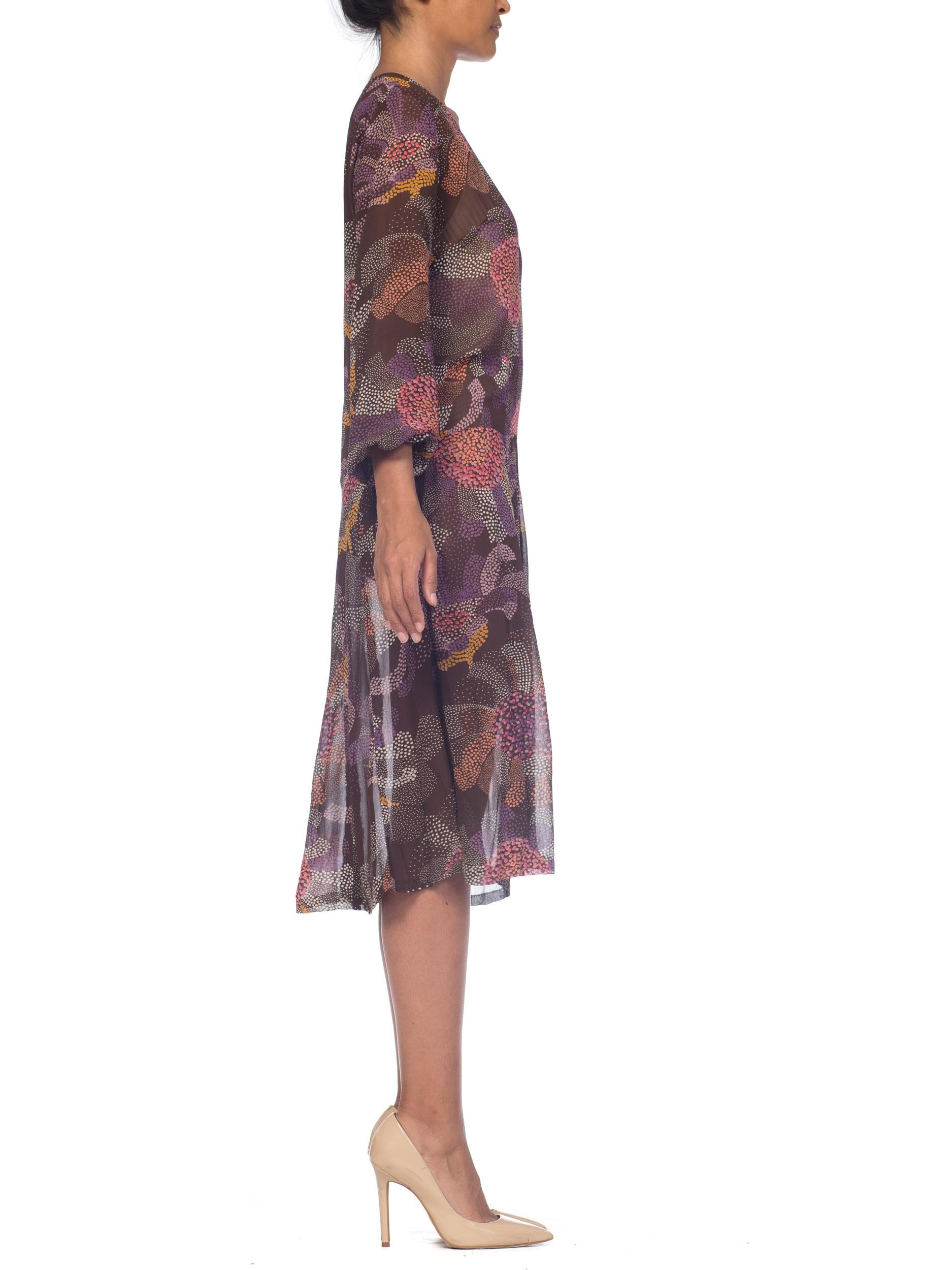 Women's 1920S Brown & Pink Silk Chiffon Abstract Polka Dot Floral Long Sleeve Dress For Sale