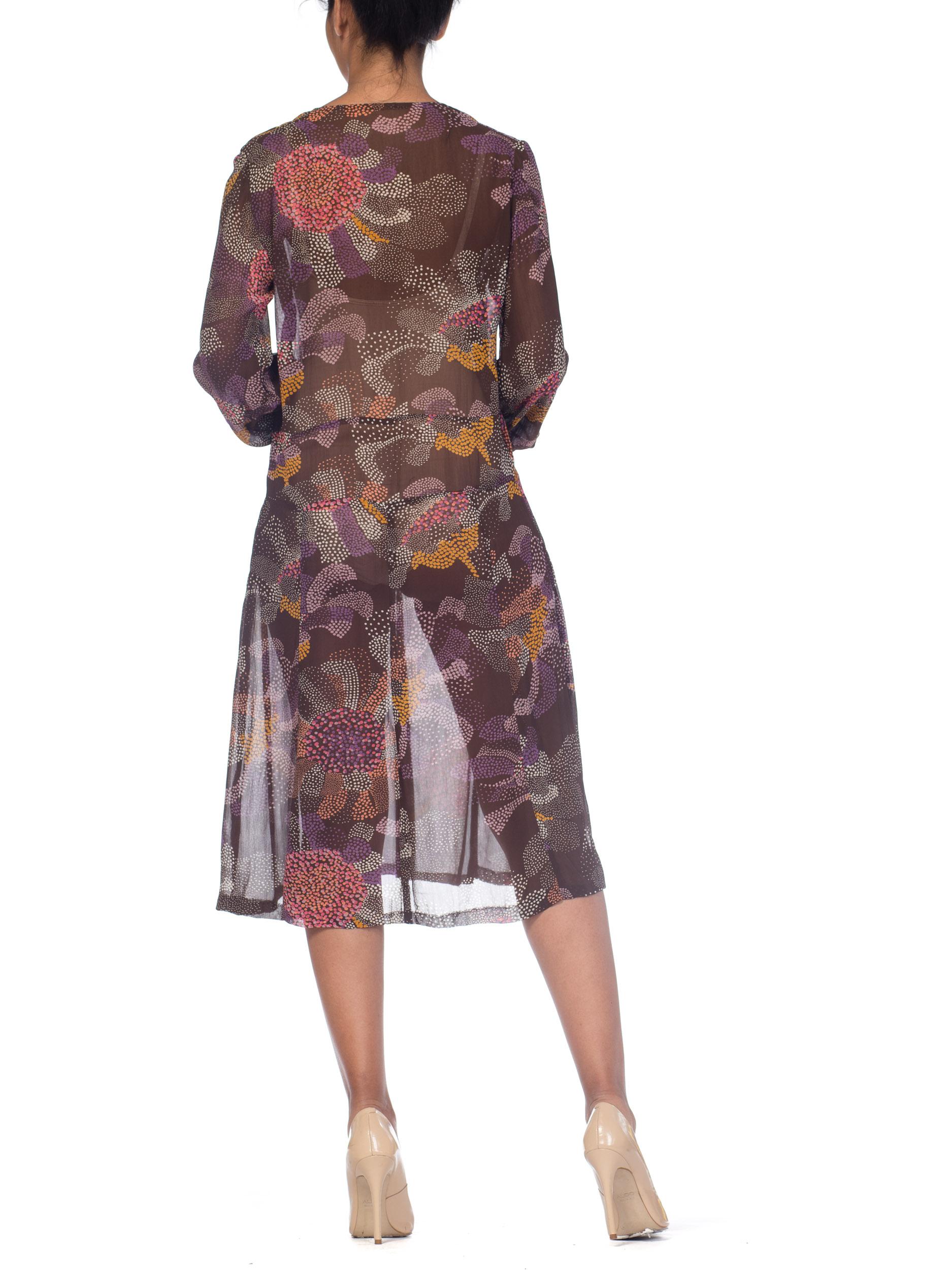 1920S Brown & Pink Silk Chiffon Abstract Polka Dot Floral Long Sleeve Dress For Sale 1