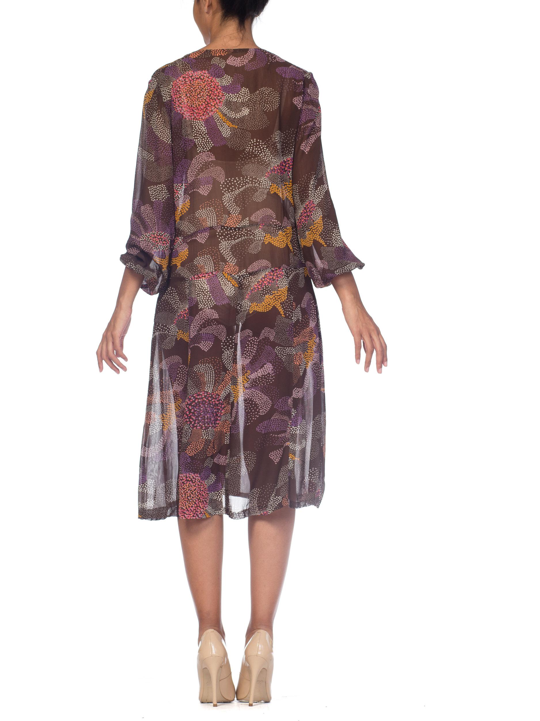 1920S Brown & Pink Silk Chiffon Abstract Polka Dot Floral Long Sleeve Dress For Sale 2