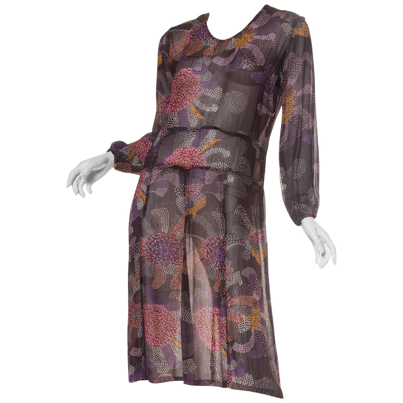 1920S Brown & Pink Silk Chiffon Abstract Polka Dot Floral Long Sleeve Dress For Sale