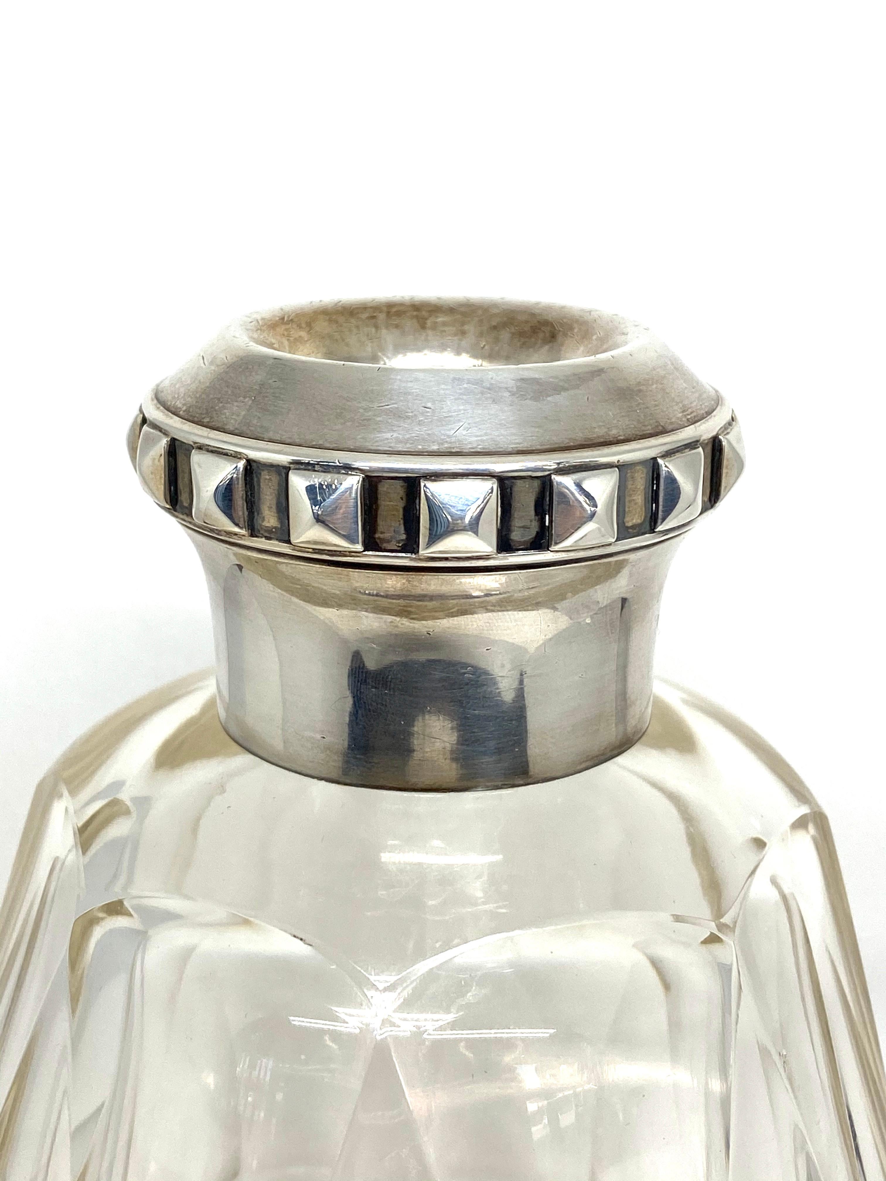 1920's Art Deco Puiforcat Paris Sterling Silver and Crystal Liquor Bottle In Excellent Condition In Beverly Hills, CA
