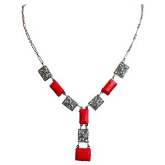 1920s Art Deco Red Glass and Silver Chromium Necklace