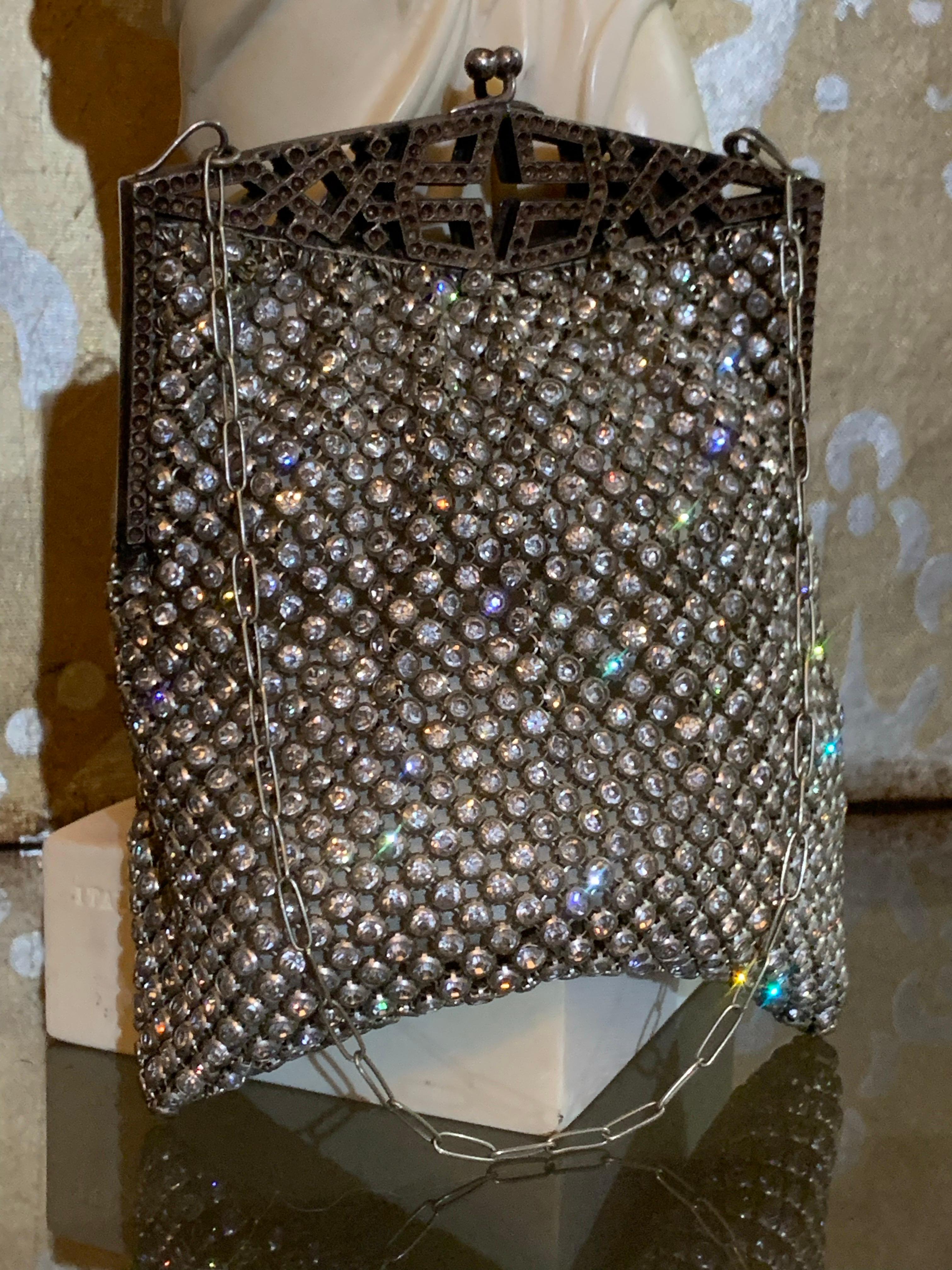 1920s Art Deco Rhinestone Mesh Evening  Bag w Fretwork Frame: A gorgeous original 1920s Art Deco style evening bag with metal mesh mounted rhinestones, chain handle and geometric fretwork frame and clasp. Frame has cut steel, faux marcasite stone