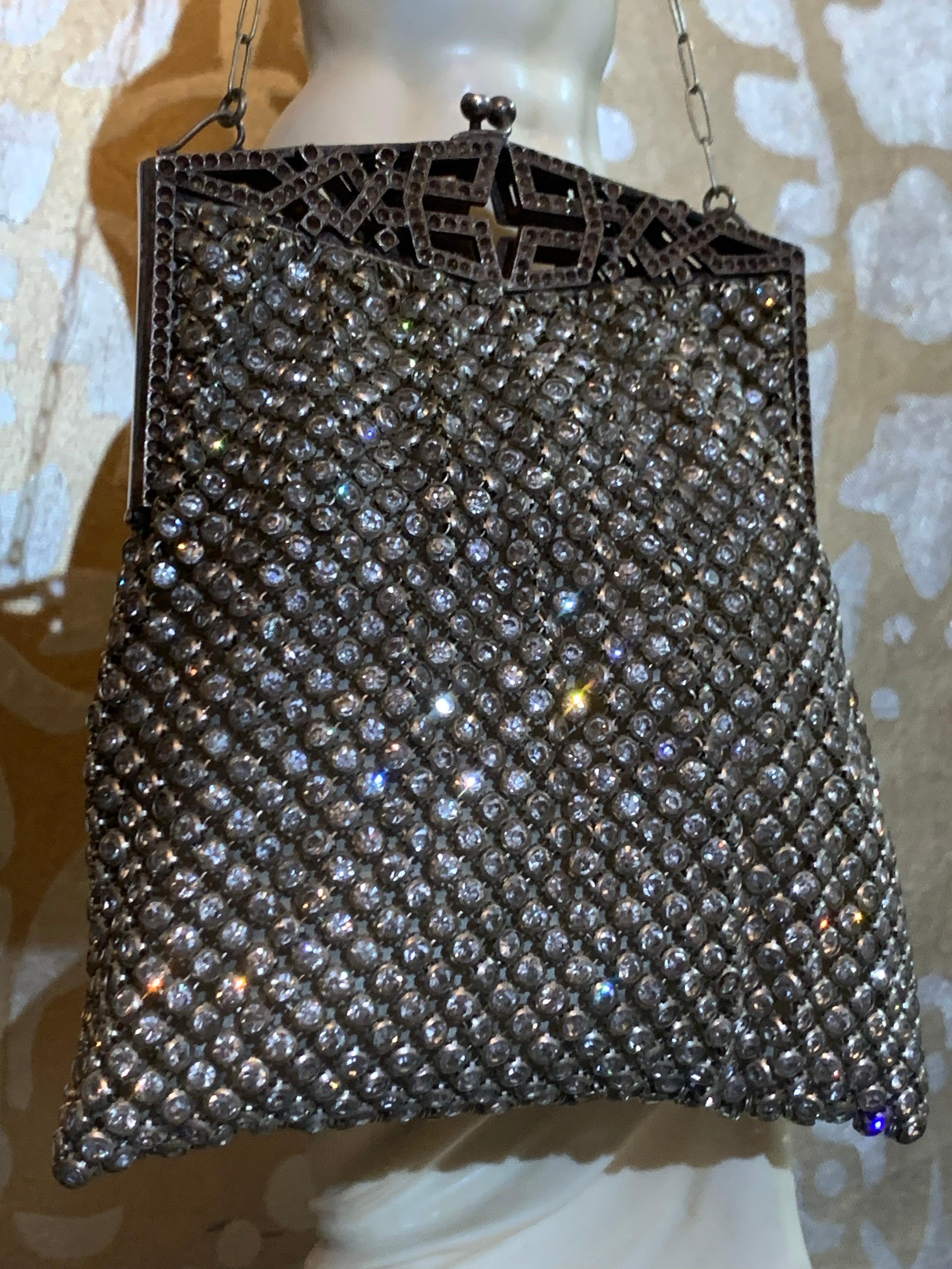 Black 1920s Art Deco Rhinestone Mesh Evening  Bag w Fretwork Frame.