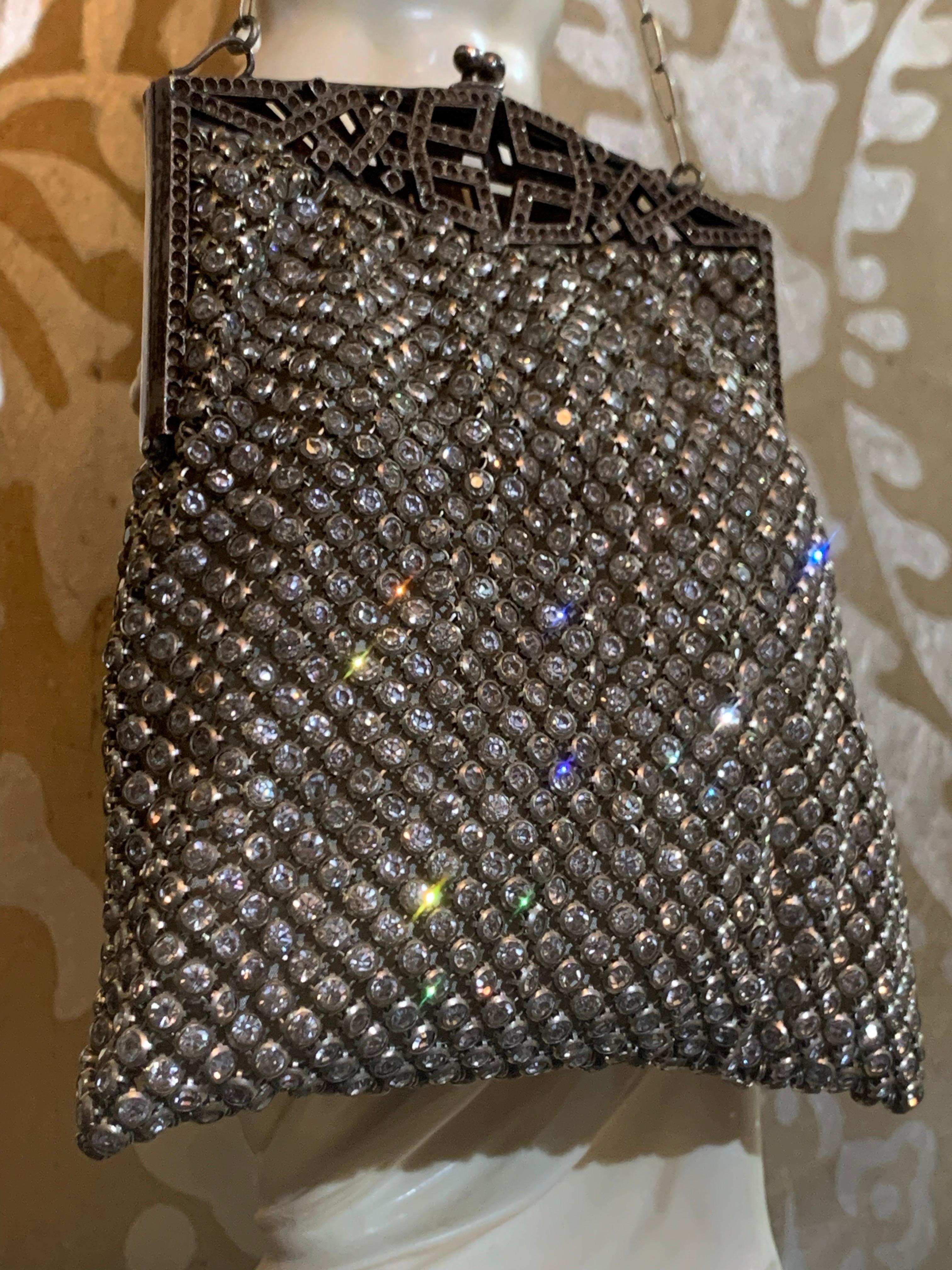 1920s Art Deco Rhinestone Mesh Evening  Bag w Fretwork Frame. In Excellent Condition In Gresham, OR