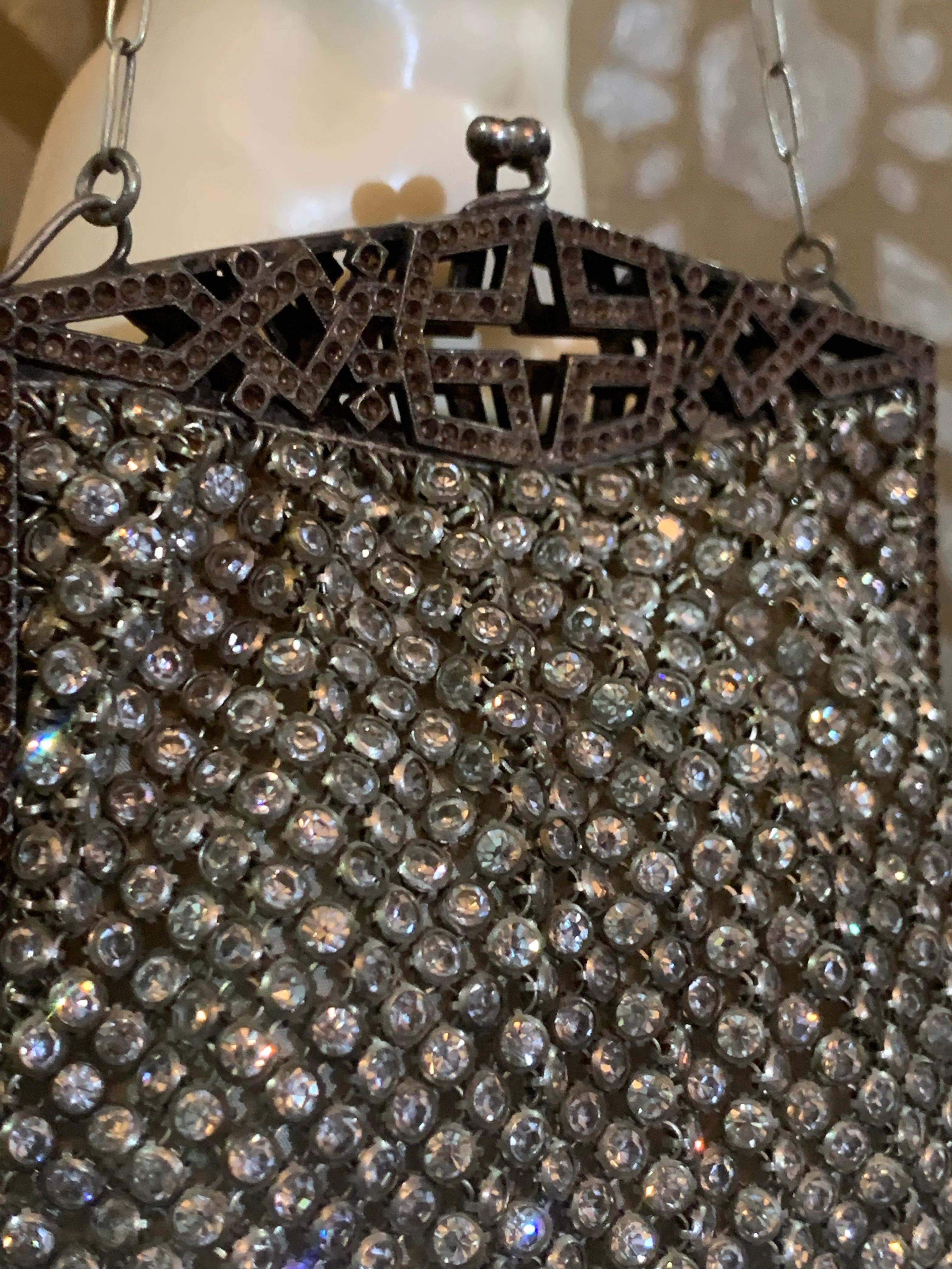 Women's 1920s Art Deco Rhinestone Mesh Evening  Bag w Fretwork Frame.