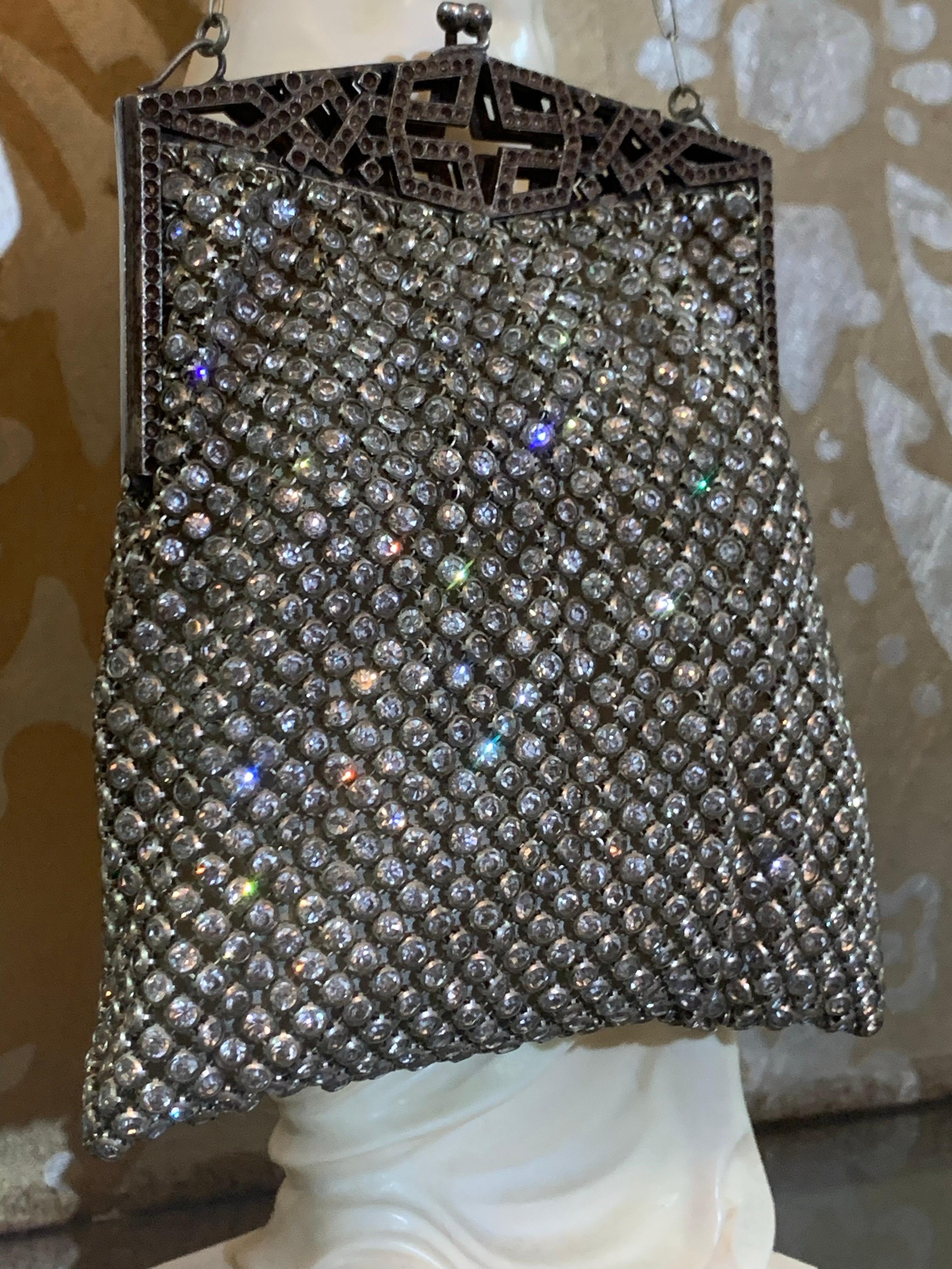 1920s Art Deco Rhinestone Mesh Evening  Bag w Fretwork Frame. 2