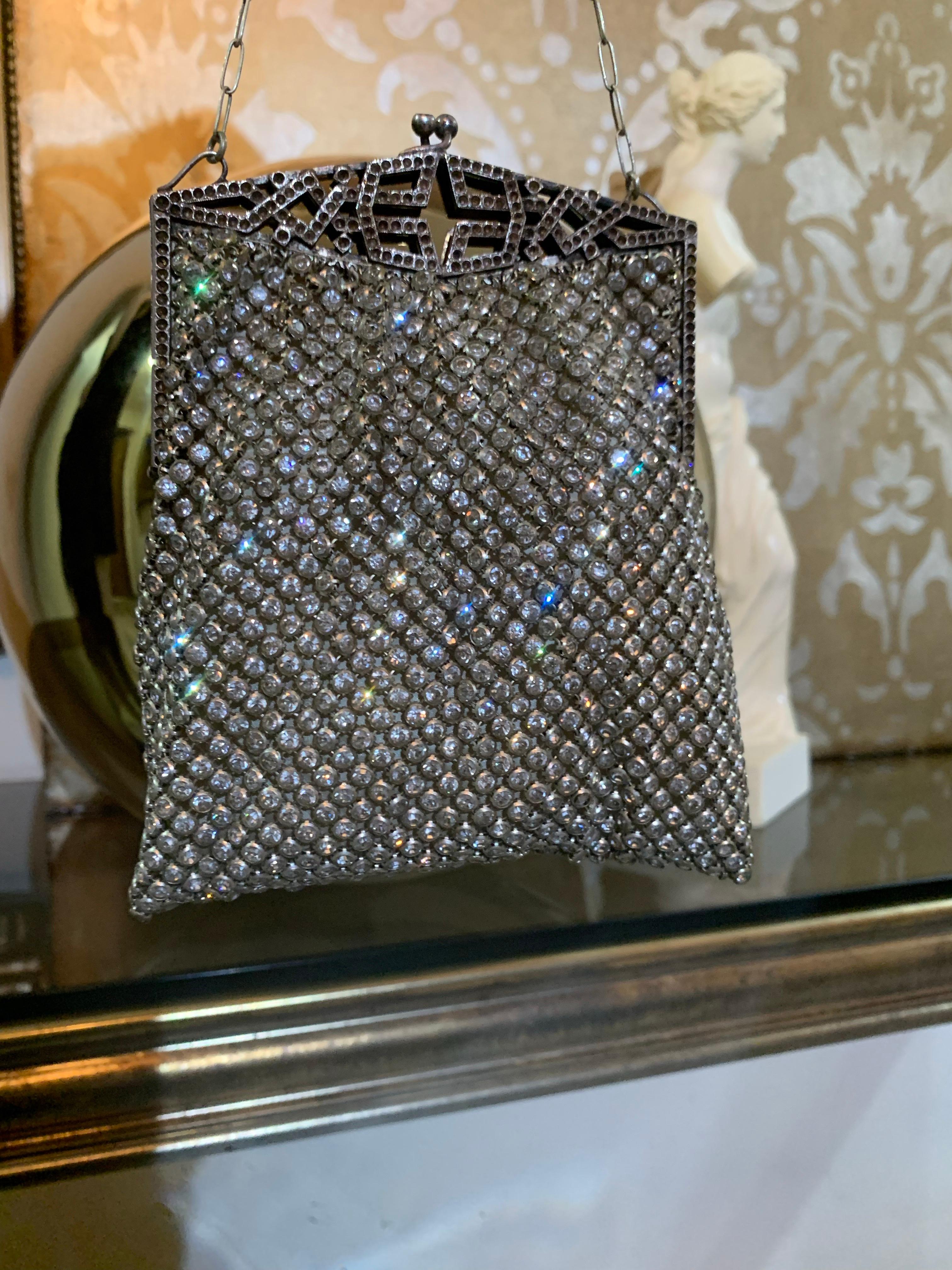 1920s Art Deco Rhinestone Mesh Evening  Bag w Fretwork Frame. 3