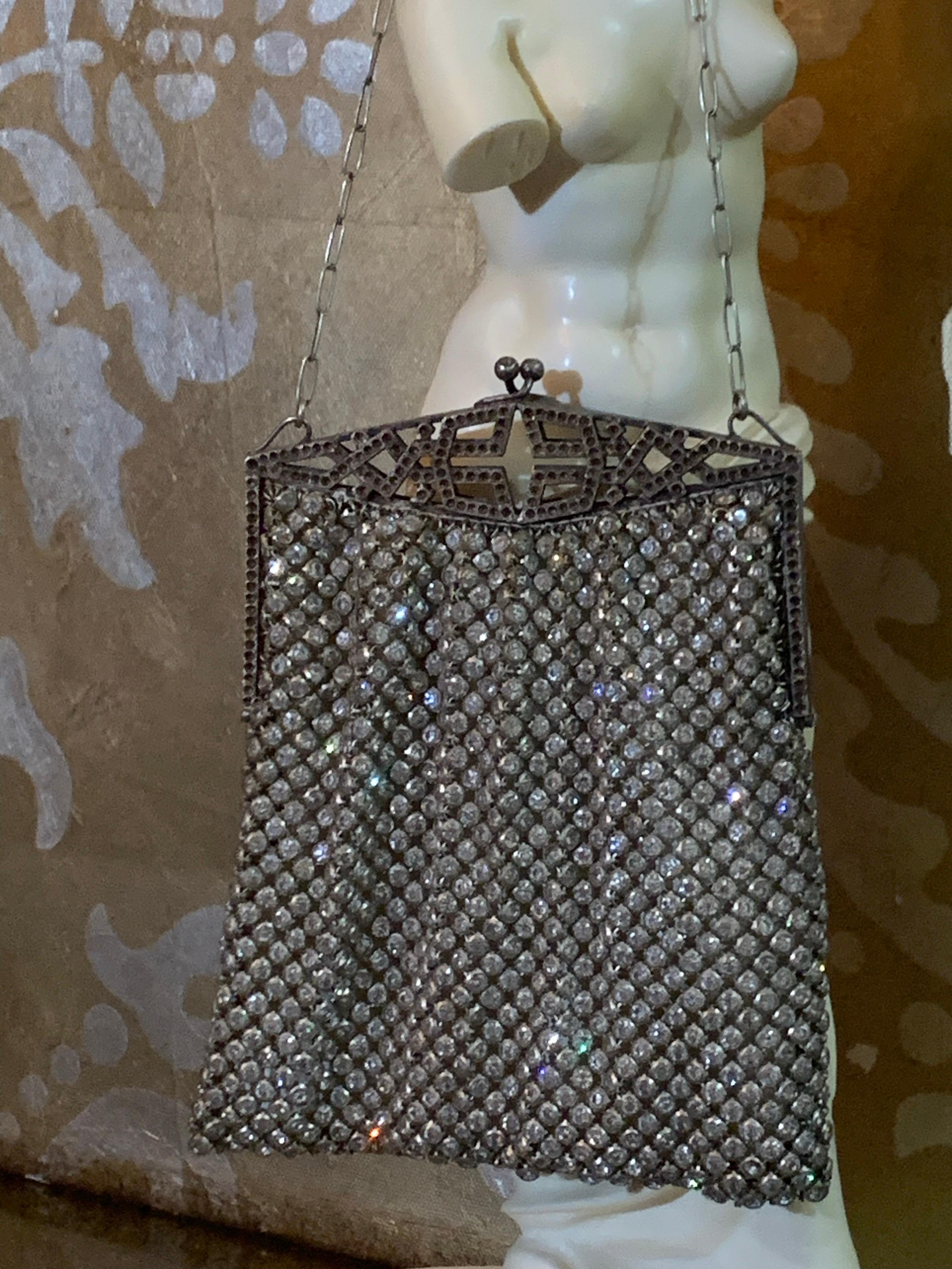 1920s Art Deco Rhinestone Mesh Evening  Bag w Fretwork Frame. 4