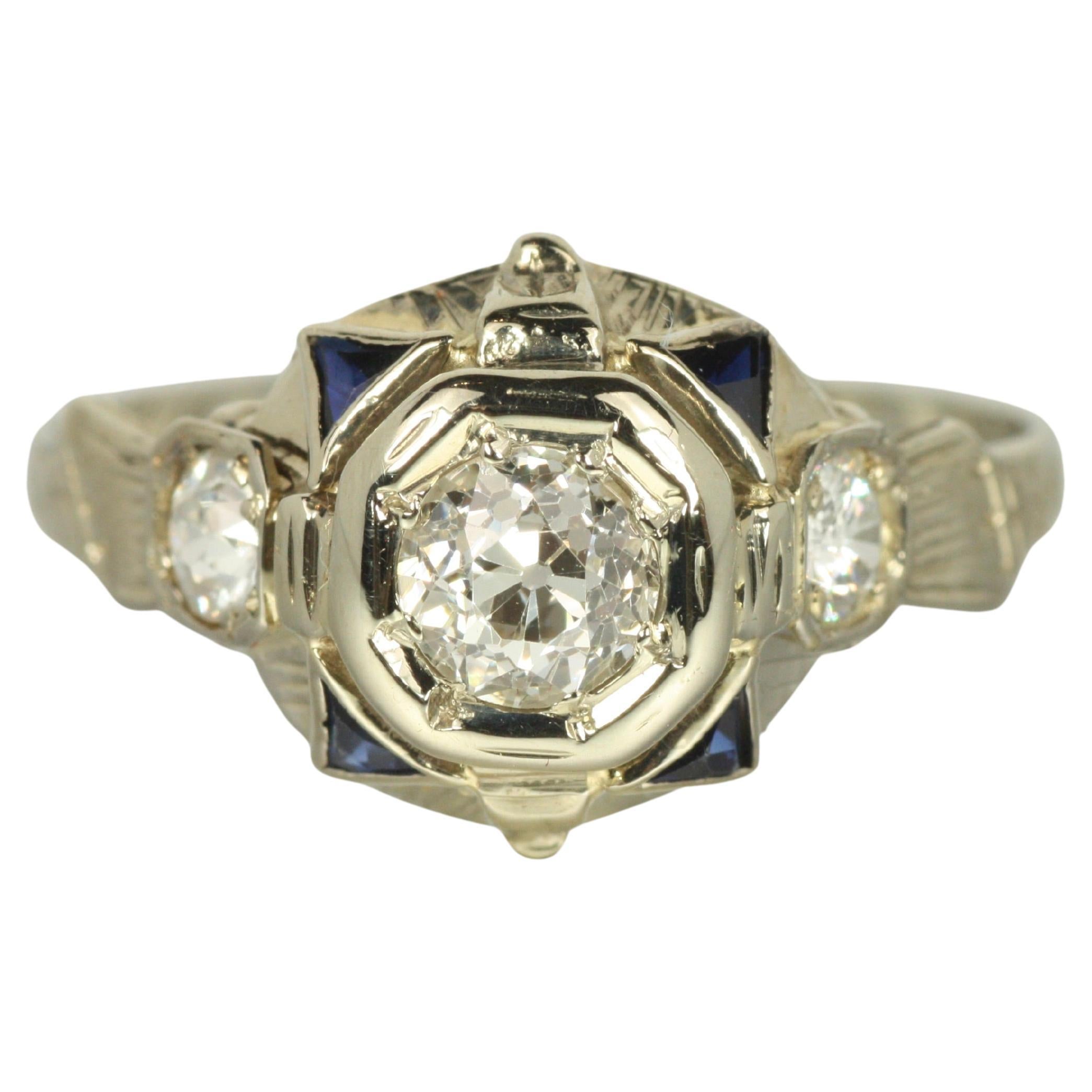 1920s Art Deco Ring with Old European Cut Diamond & Sapphires