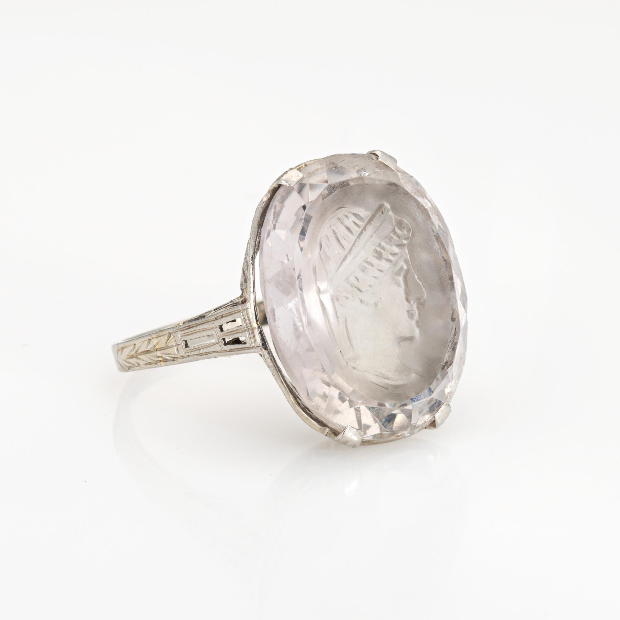 Oval Cut 1920s Art Deco Rock Crystal Intaglio Ring Vintage 18k White Gold Sz 5.75 Jewelry