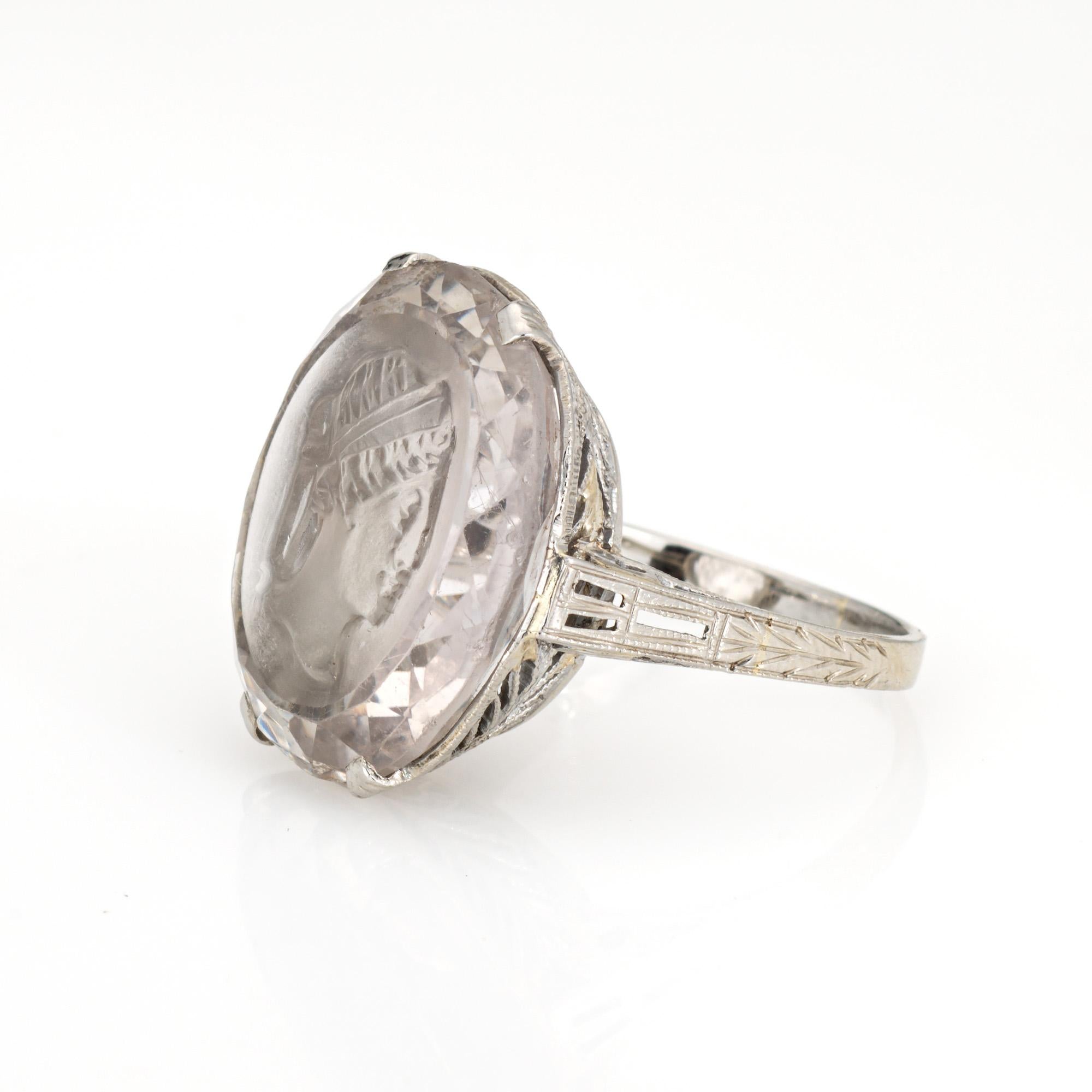 1920s Art Deco Rock Crystal Intaglio Ring Vintage 18k White Gold Sz 5.75 Jewelry In Good Condition In Torrance, CA