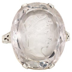 Anello Art Deco anni '20 in cristallo di rocca intagliato vintage in oro bianco 18k Sz 5.75 Gioielli
