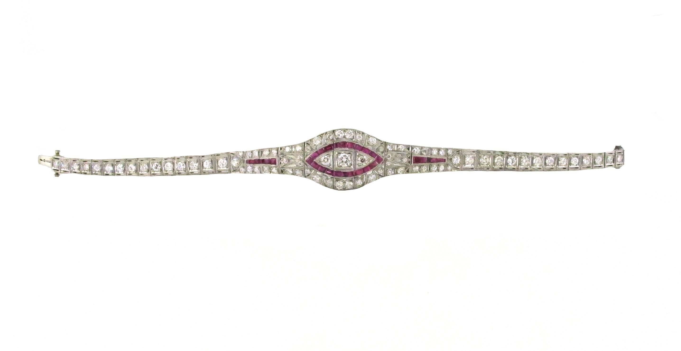 Round Cut 1920s Art Deco Ruby and Diamond Bracelet, 18 Karat White Gold