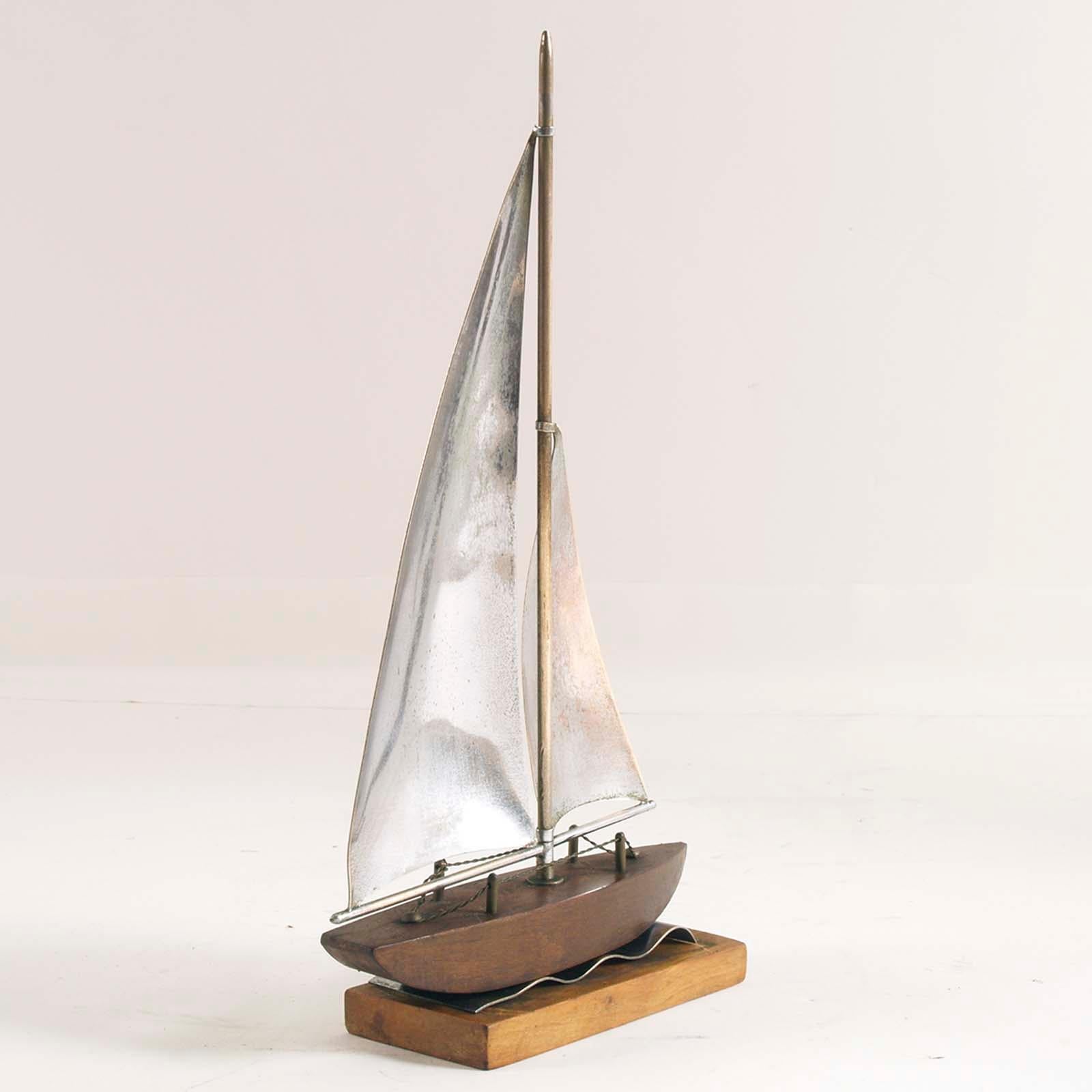 Italian 1920s Art Deco Sailing Boat in Wood and Silvered Brass by Carlo Mazzolini Padova For Sale