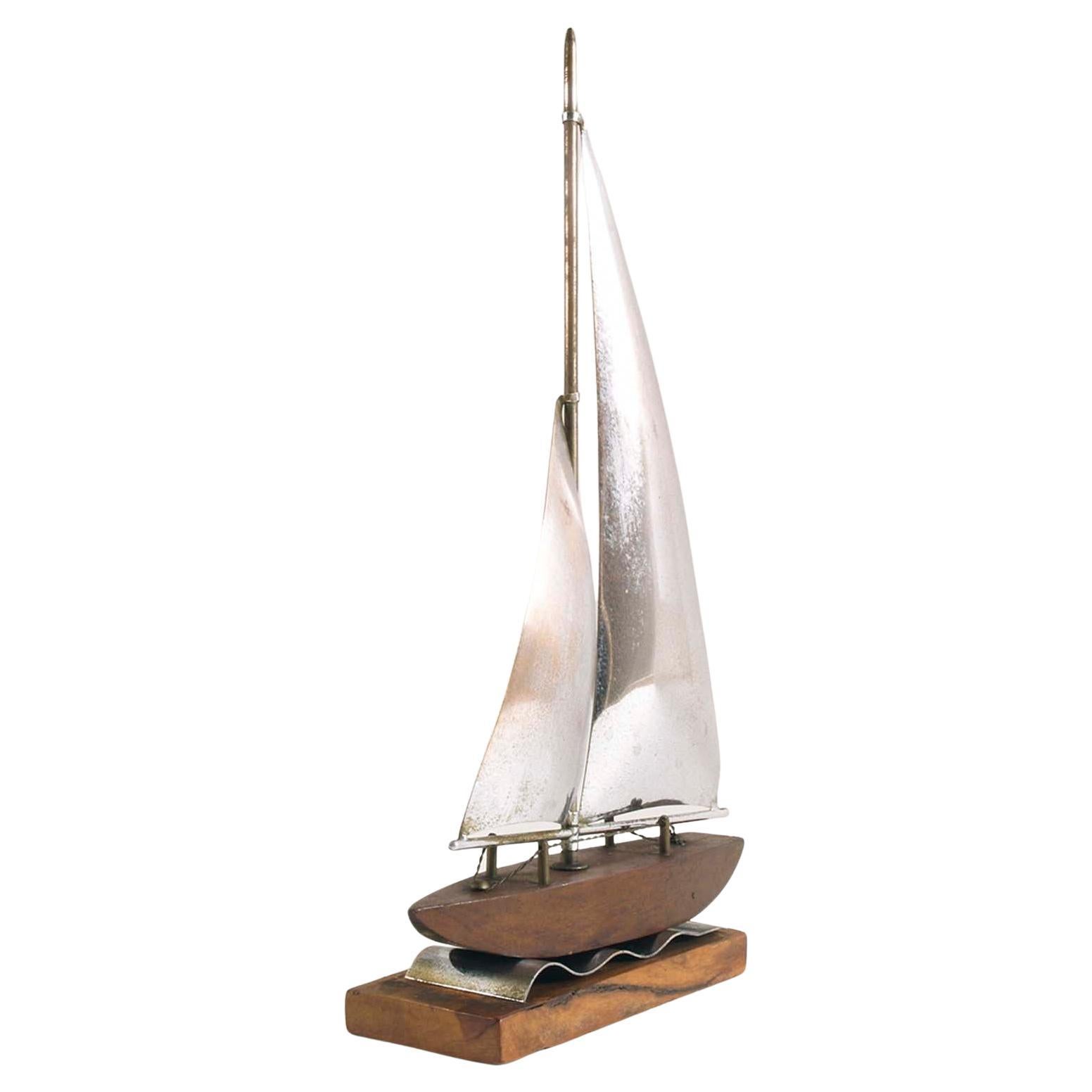 1920s Art Deco Sailing Boat in Wood and Silvered Brass by Carlo Mazzolini Padova For Sale
