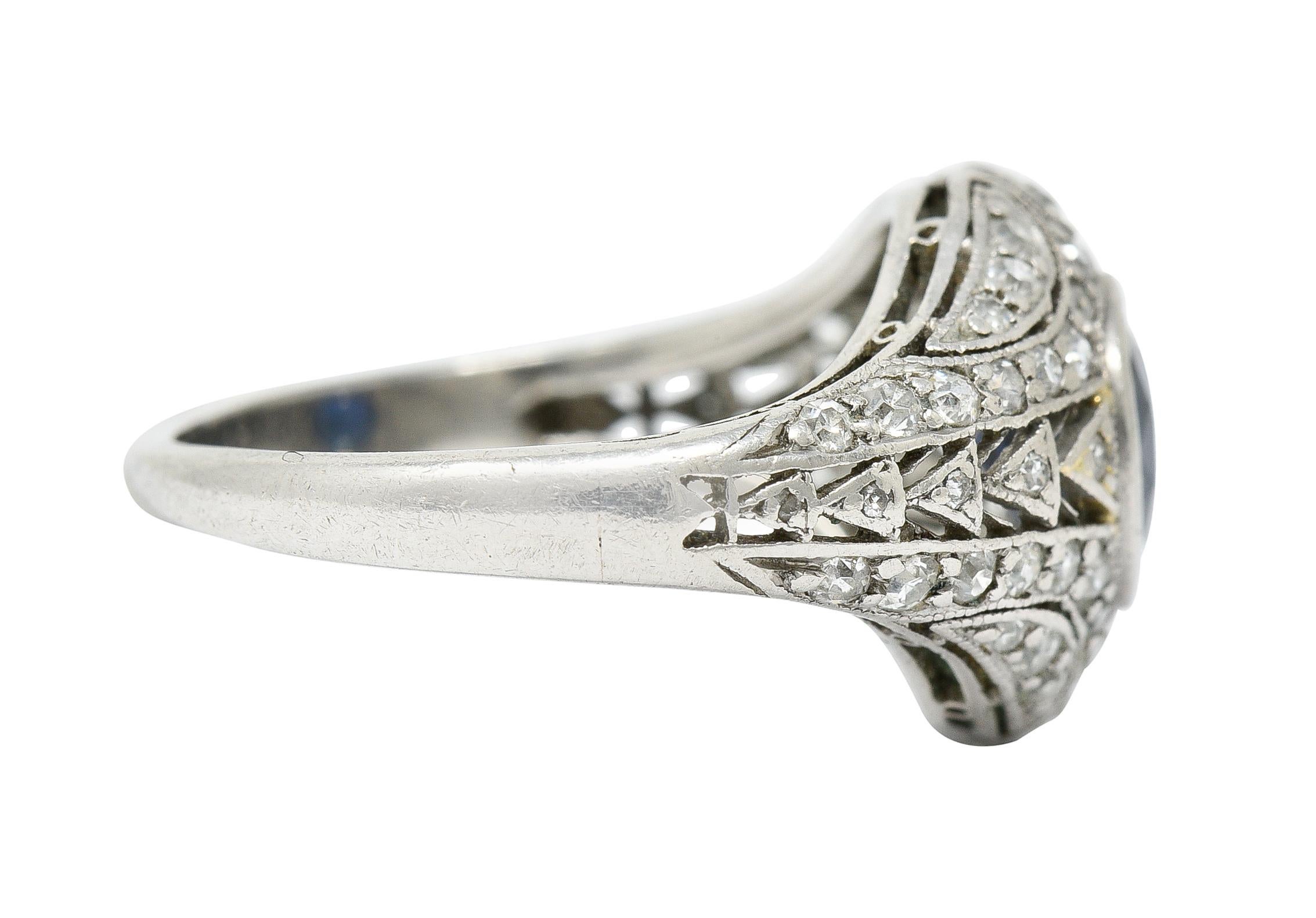 Cushion Cut 1920's Art Deco Sapphire Diamond Platinum Bombe Band Ring