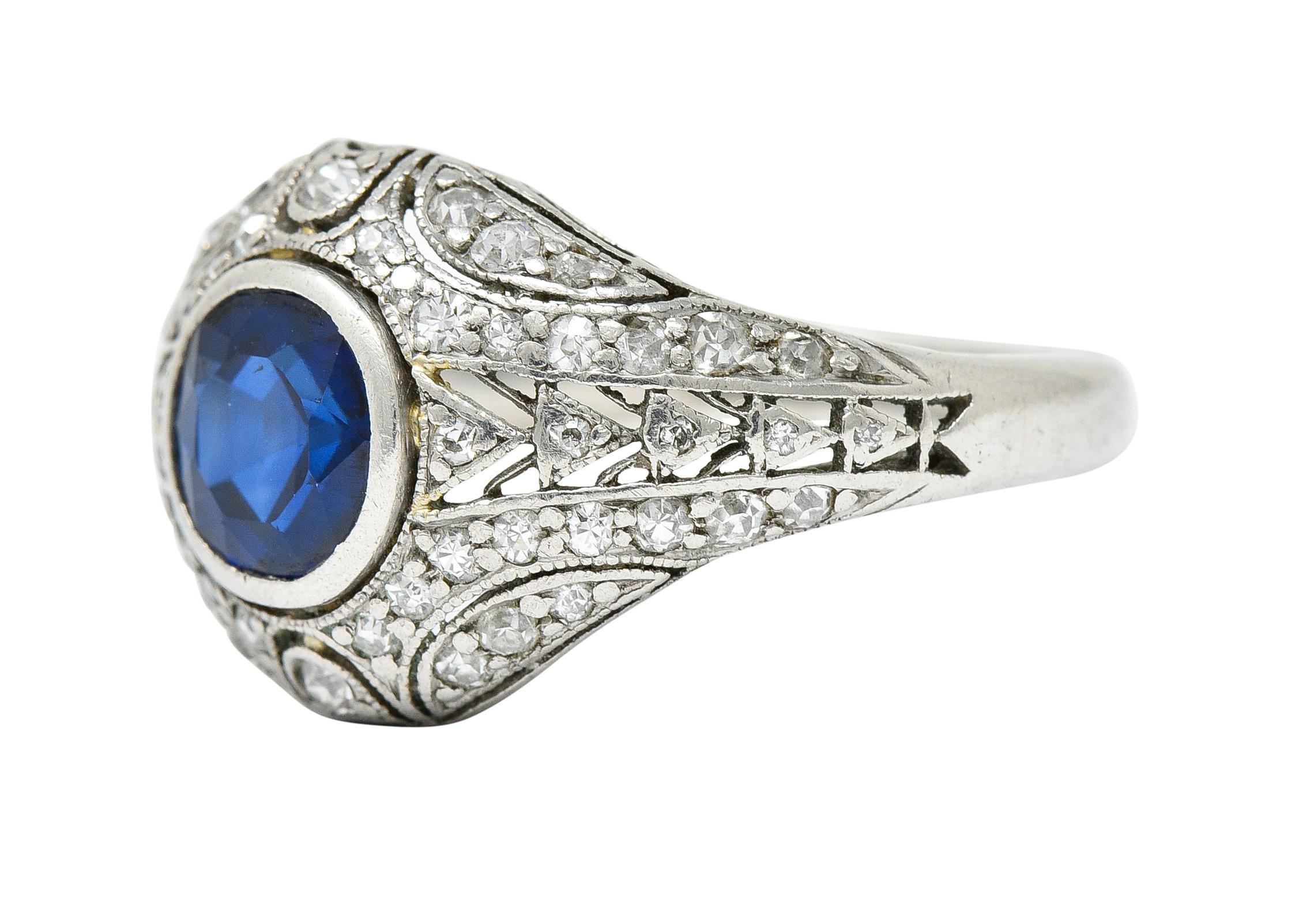 1920's Art Deco Sapphire Diamond Platinum Bombe Band Ring 1
