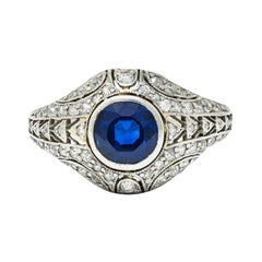 1920's Art Deco Sapphire Diamond Platinum Bombe Band Ring