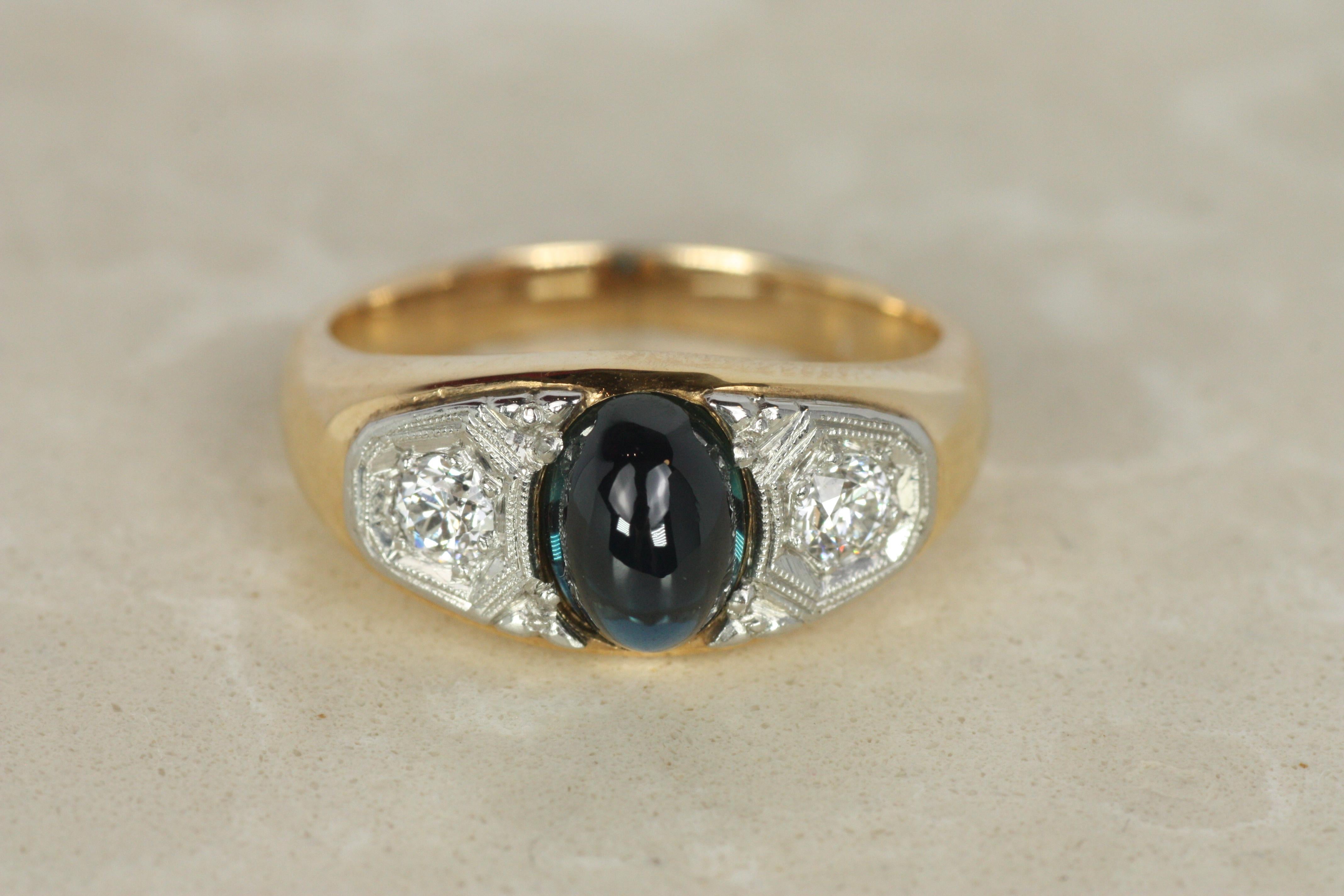 Taille cabochon Bague Art Déco 1920 saphir vieux diamant européen en or jaune platine en vente