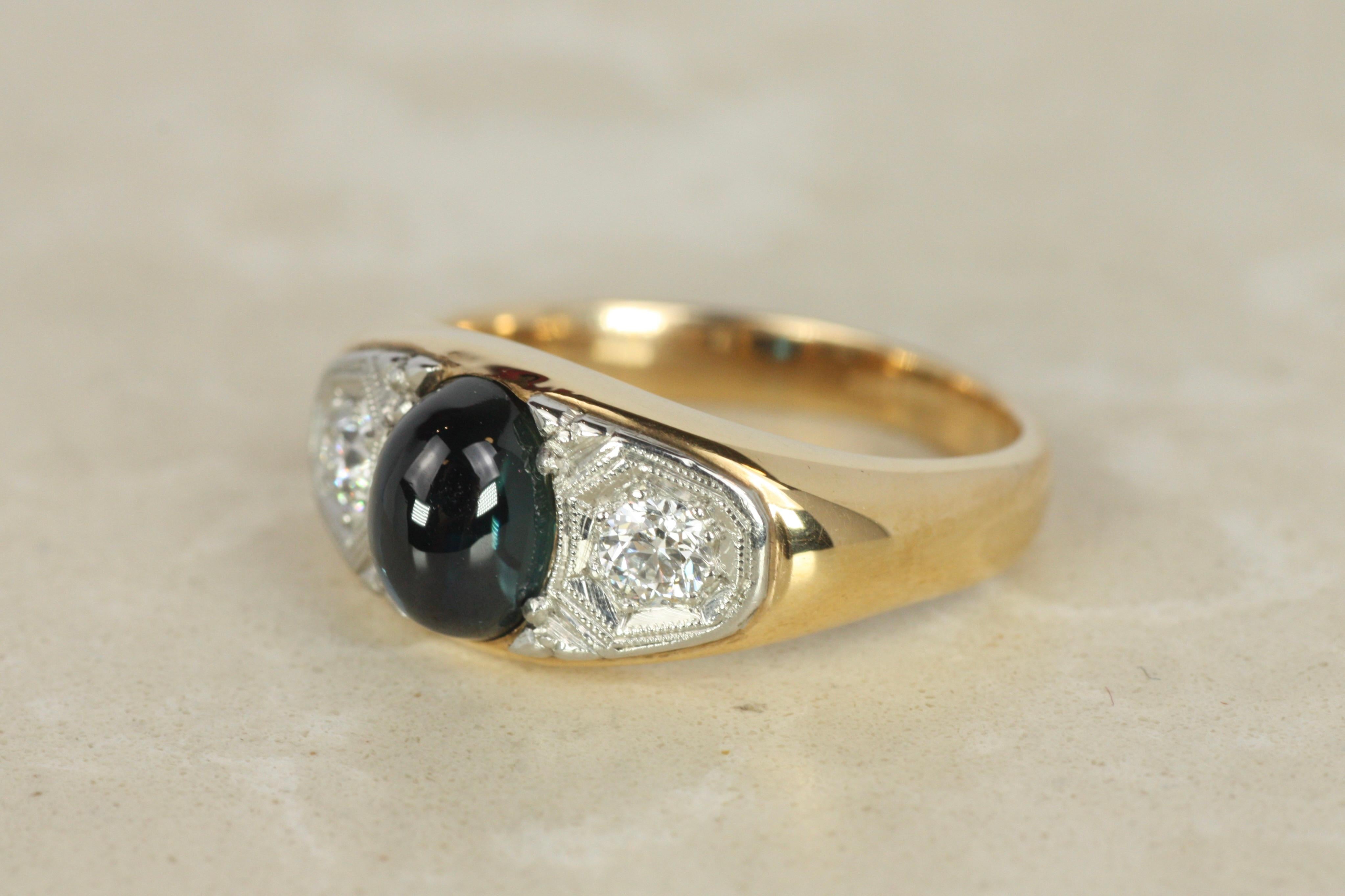 Bague Art Déco 1920 saphir vieux diamant européen en or jaune platine Bon état - En vente à Santa Monica, CA