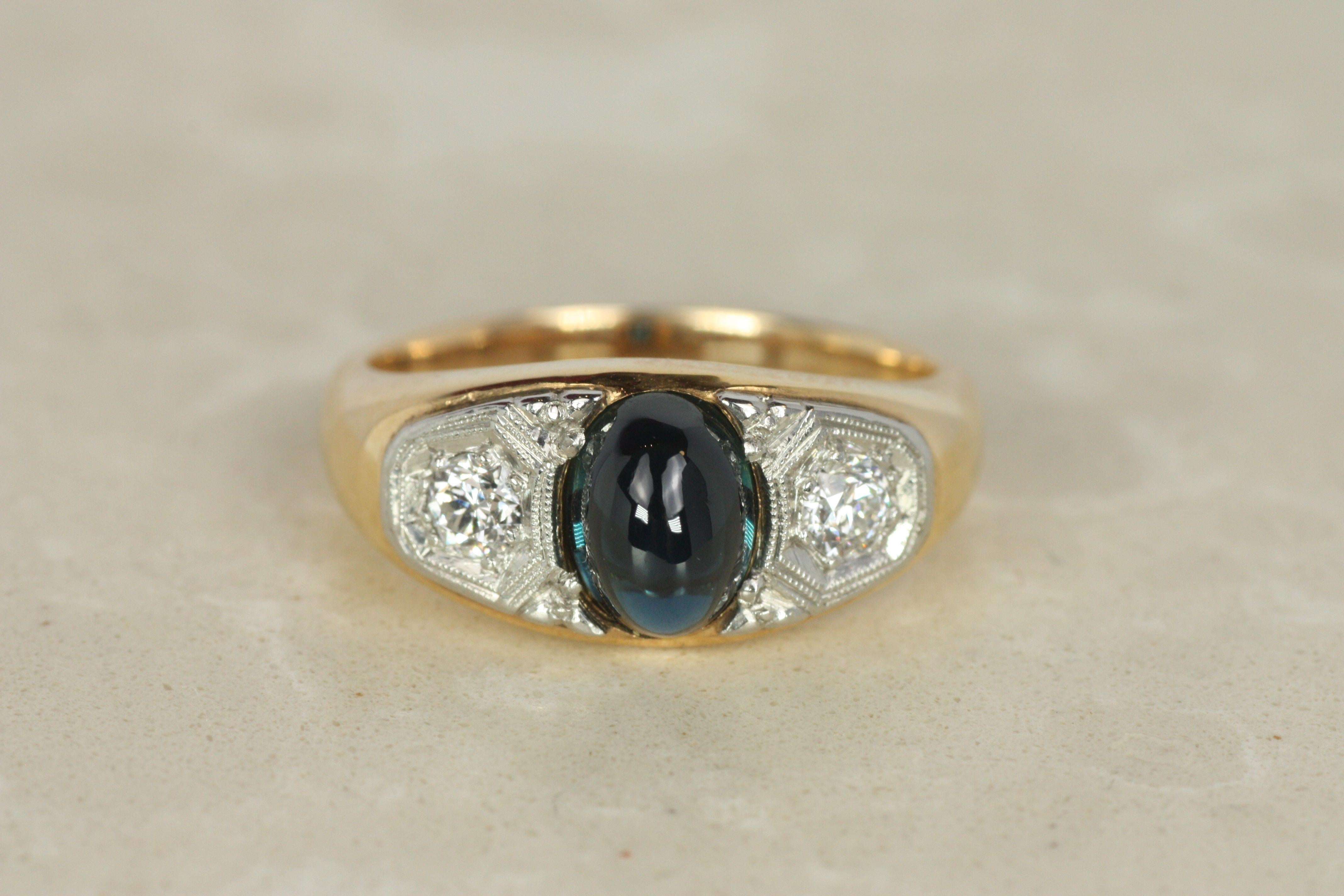 Bague Art Déco 1920 saphir vieux diamant européen en or jaune platine en vente 2