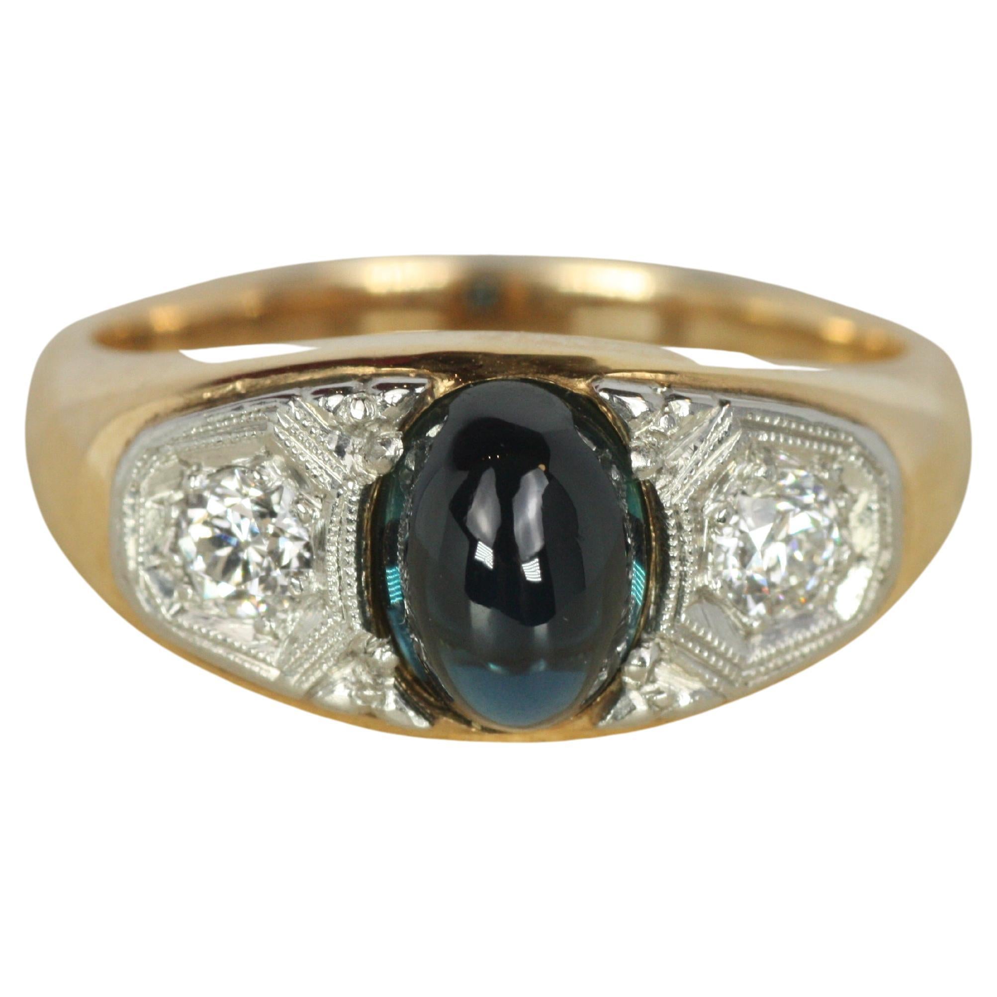 Bague Art Déco 1920 saphir vieux diamant européen en or jaune platine