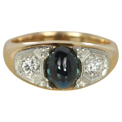 Antique 1920s Art Deco Sapphire Old European Diamond Ring in Yellow Gold Platinum