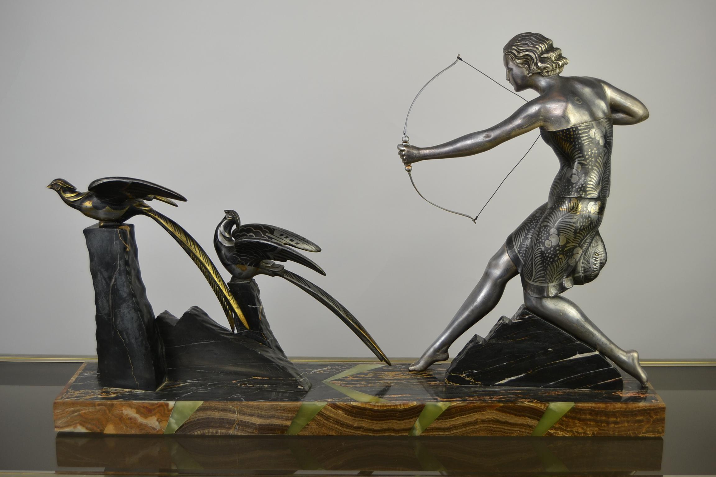1920s Art Deco Sculpture by Uriano, Woman Shooting Two Birds 5