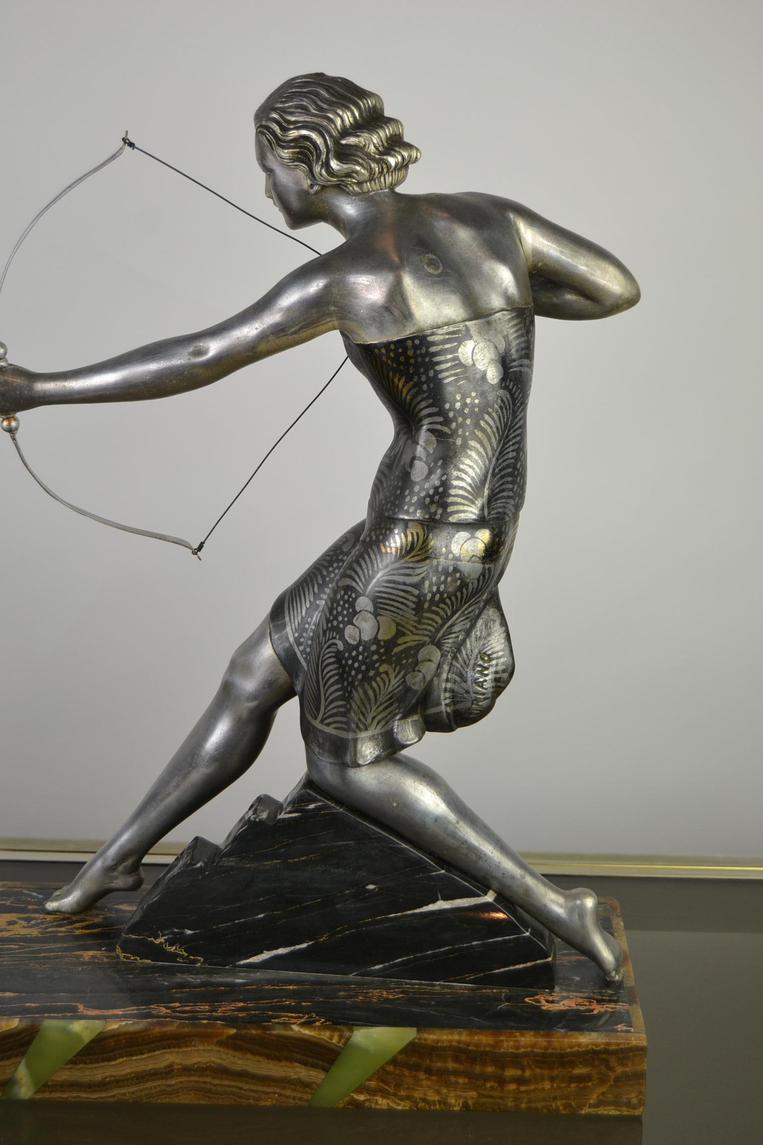 1920s Art Deco Sculpture by Uriano, Woman Shooting Two Birds 6