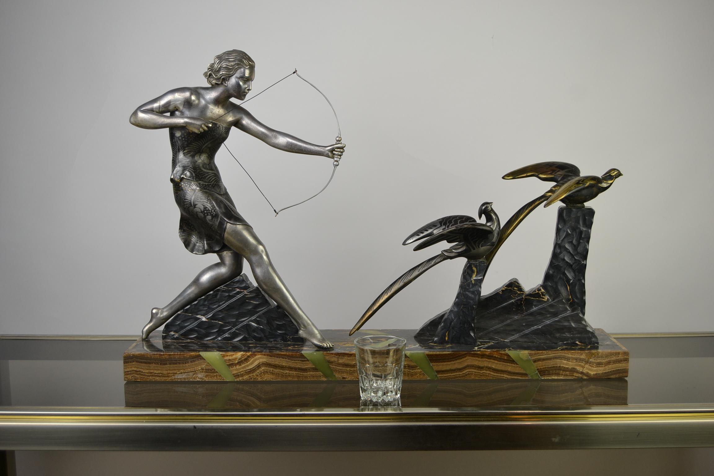 1920s Art Deco Sculpture by Uriano, Woman Shooting Two Birds 10