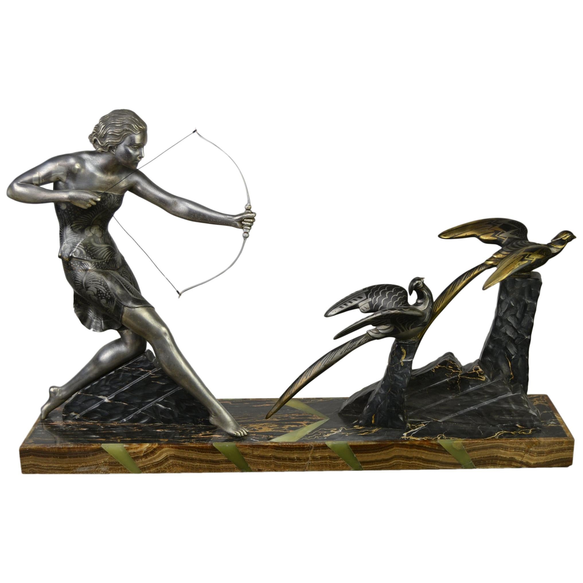 1920s Art Deco Sculpture by Uriano, Woman Shooting Two Birds