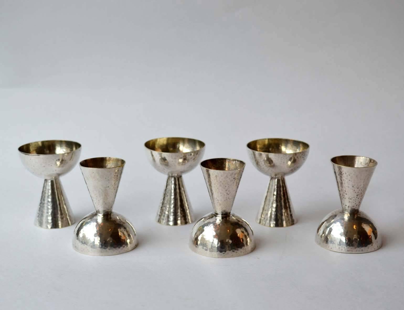 Early 20th Century 1920s Art Deco Set of Six Silver Plated Liqueur Glasses