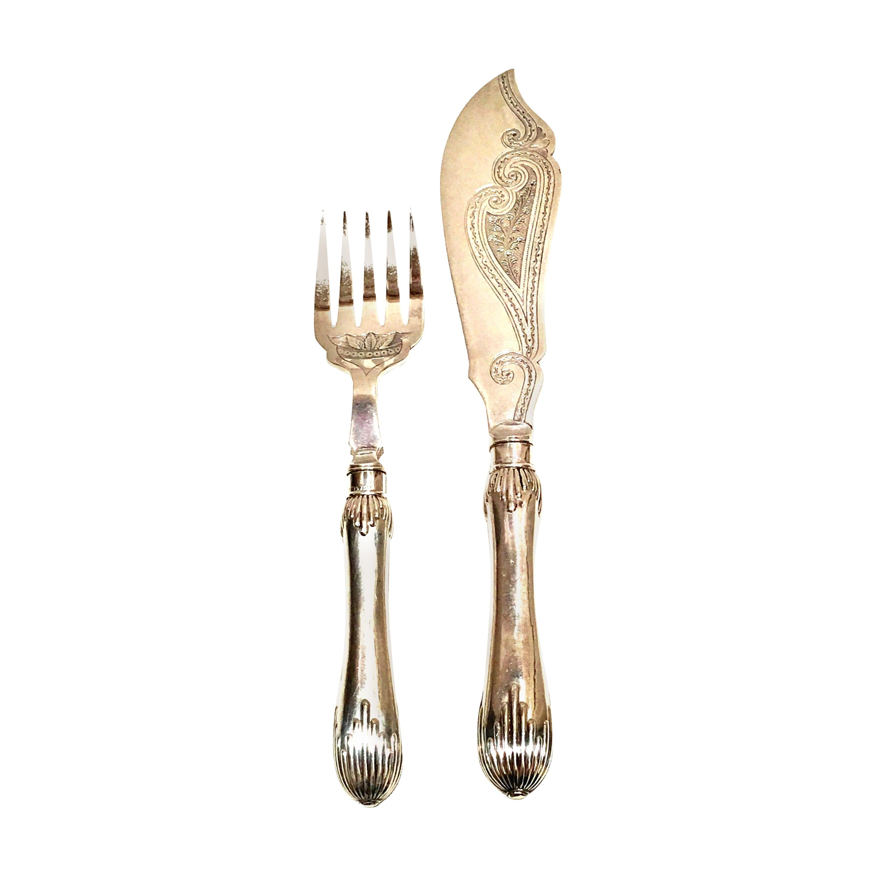 1920s Art Deco Sheffield Silver Plate Fish Serving Fork and Knife, Set of 2