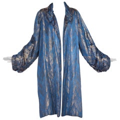 1920's Art Deco Silver Lamé Blue Silk Coat
