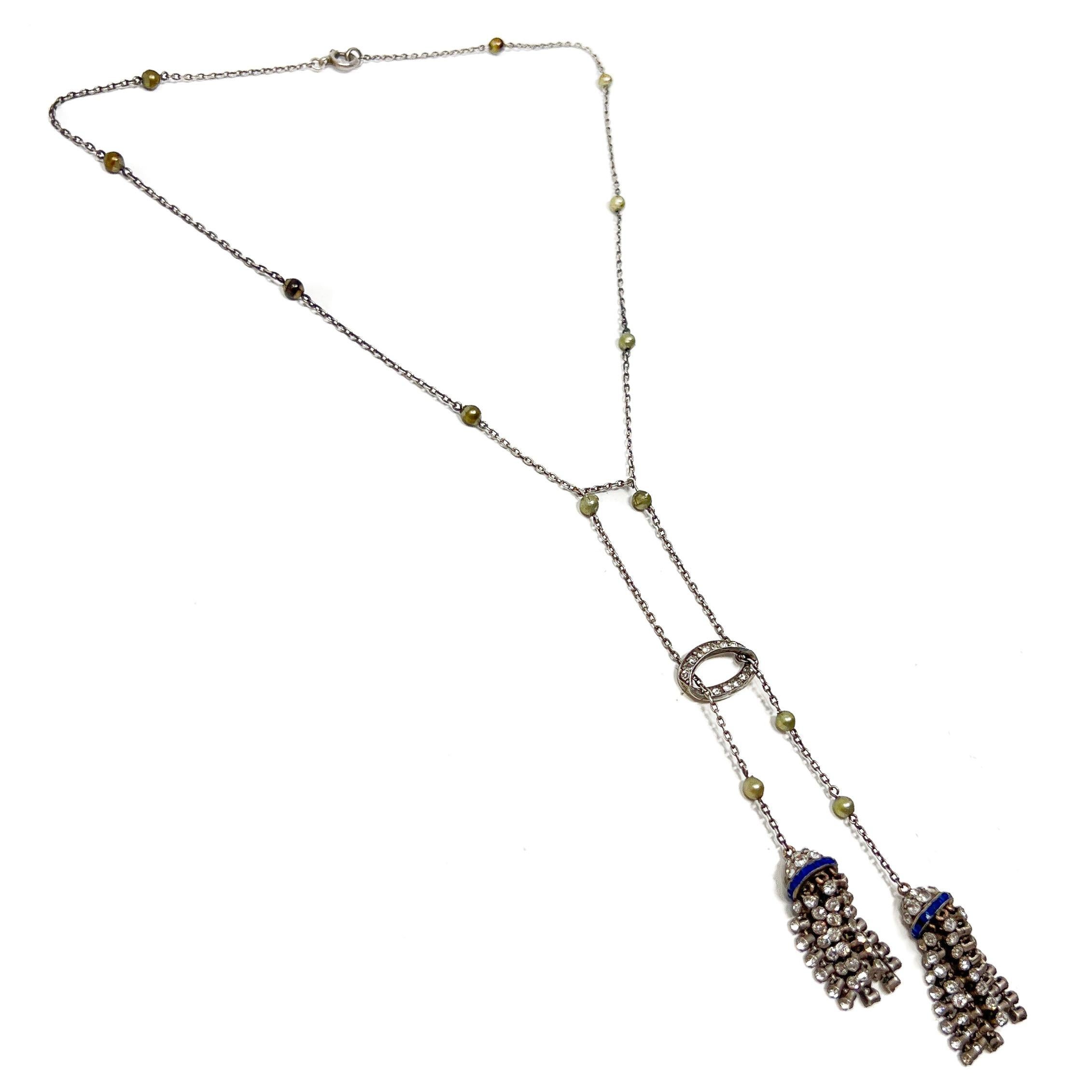 Women's 1920s Art Deco Silver, Paste and Faux Pearl Vintage Tassel Necklace For Sale