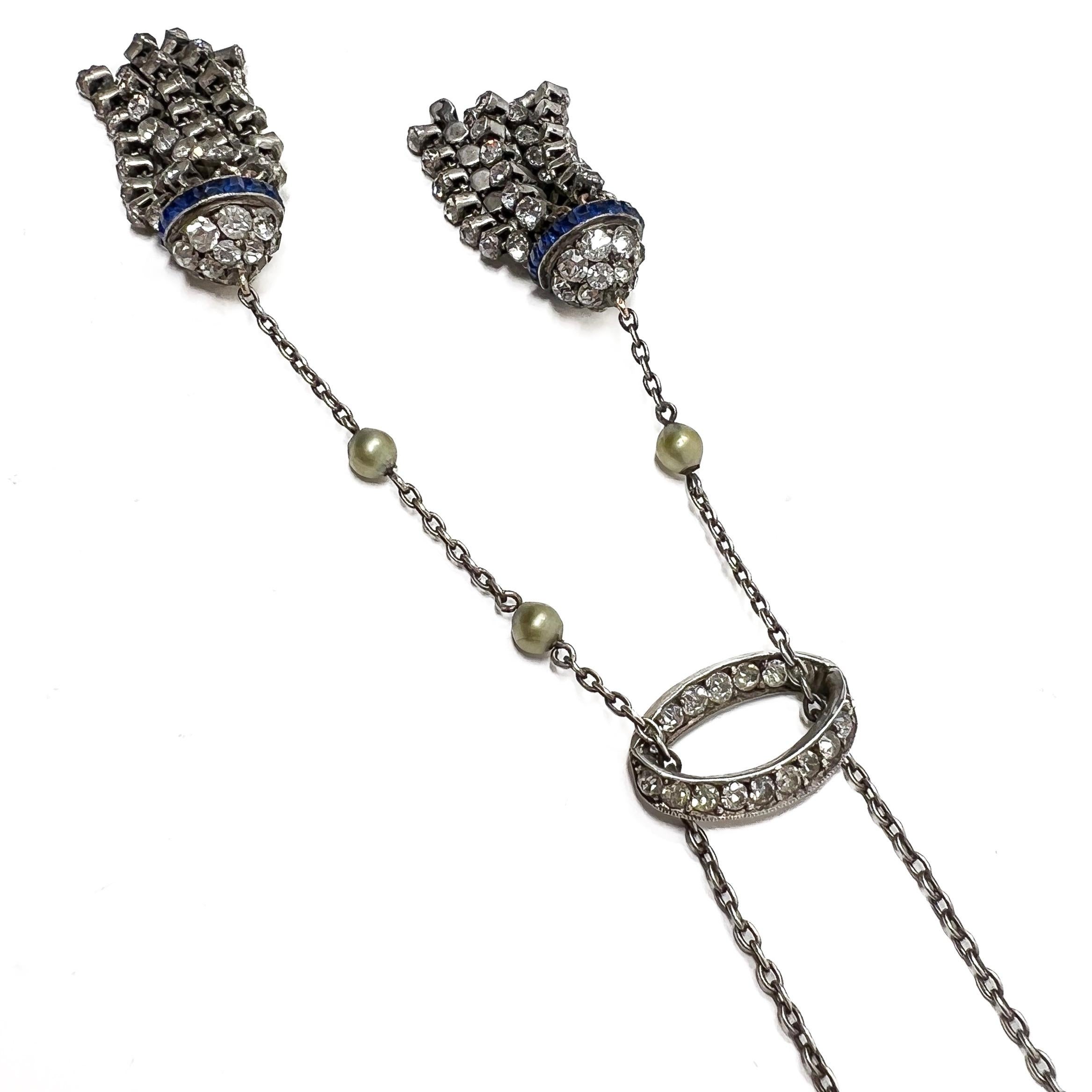 1920er Jahre Art Deco Silber, Paste und Kunstperlen Vintage Quaste Halskette im Angebot 1