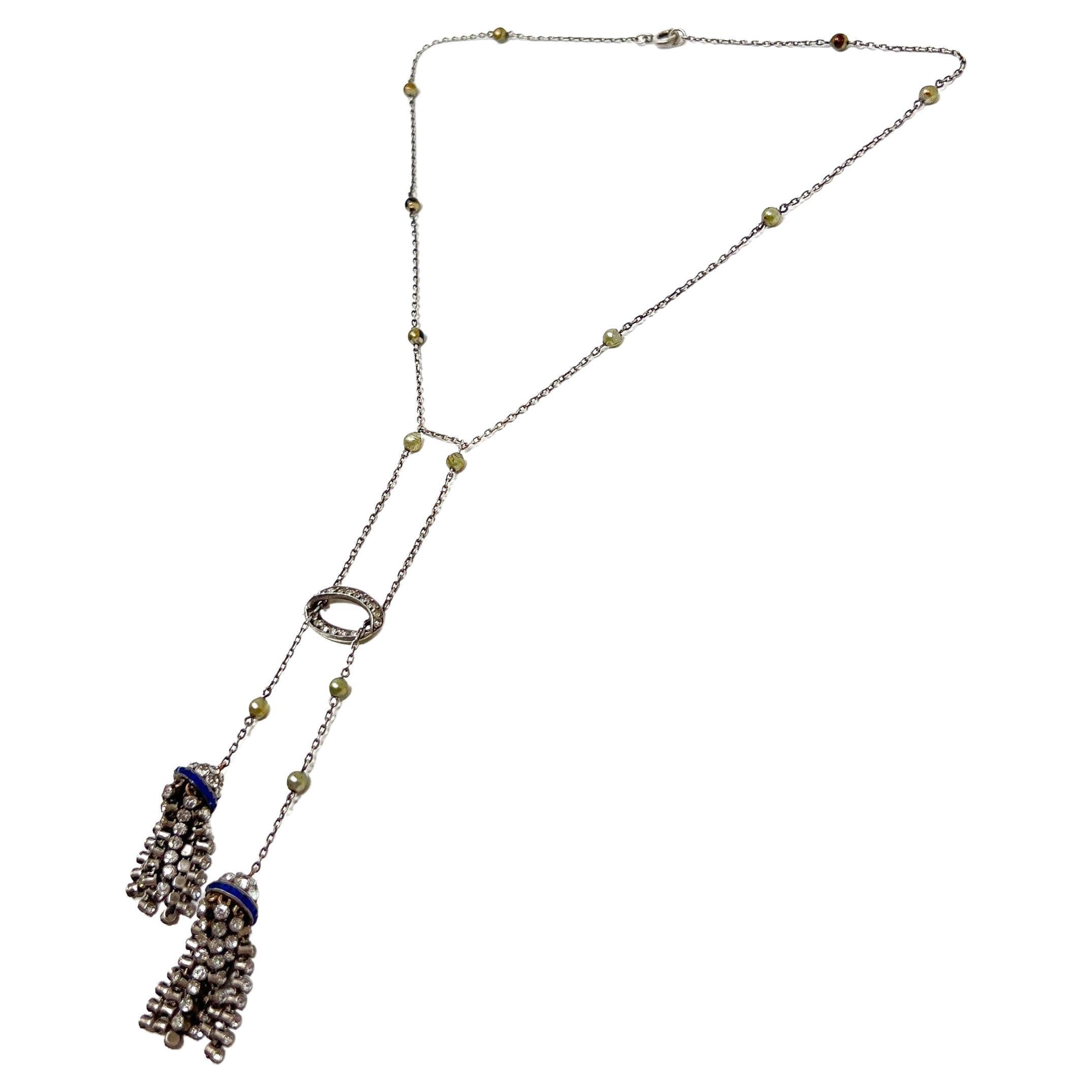 1920s Art Deco Silver, Paste and Faux Pearl Vintage Tassel Necklace For Sale