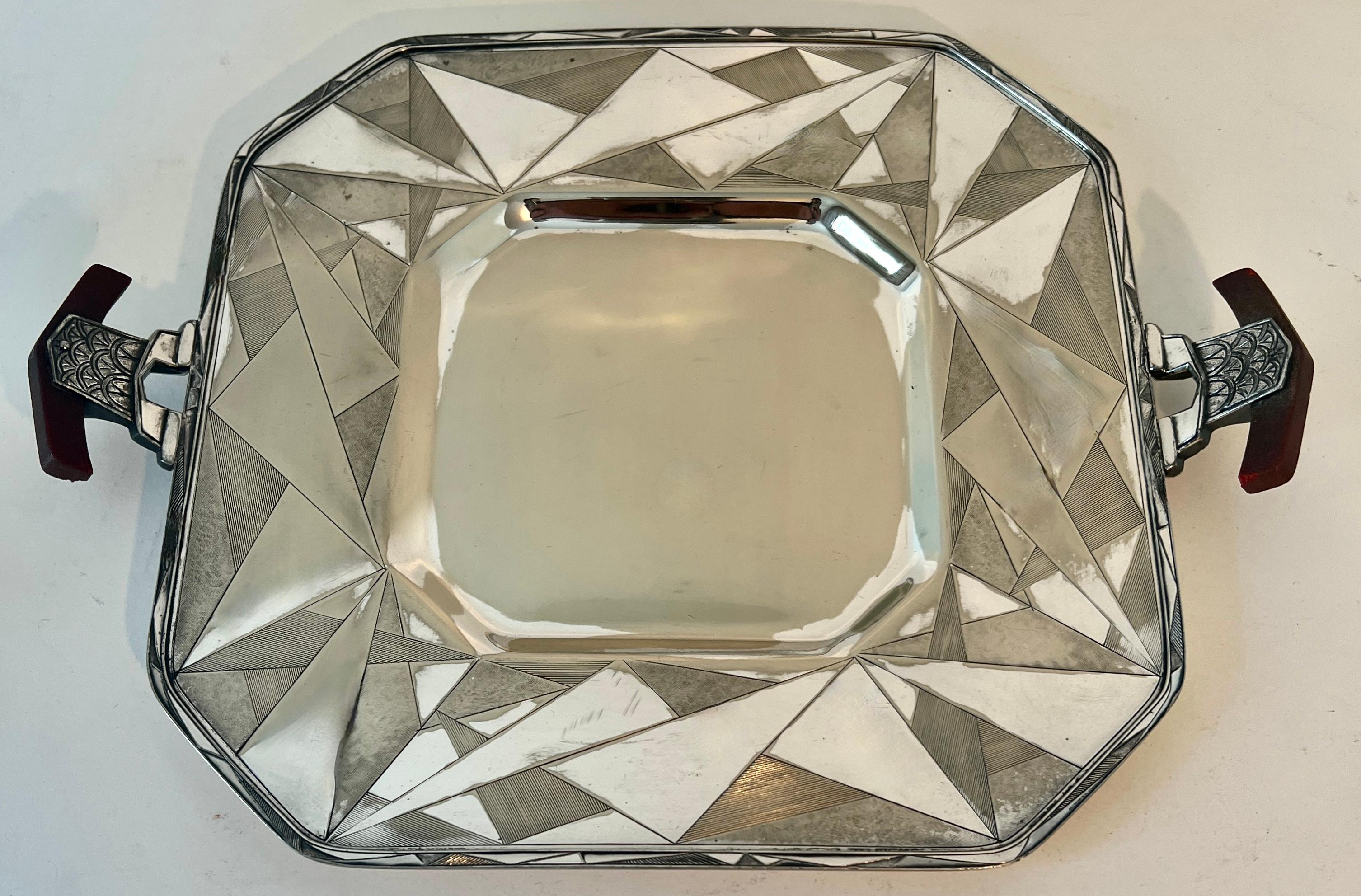 American 1920s Art Deco Silver Plate Benedict Geometric Tray with Bakelite Handles For Sale