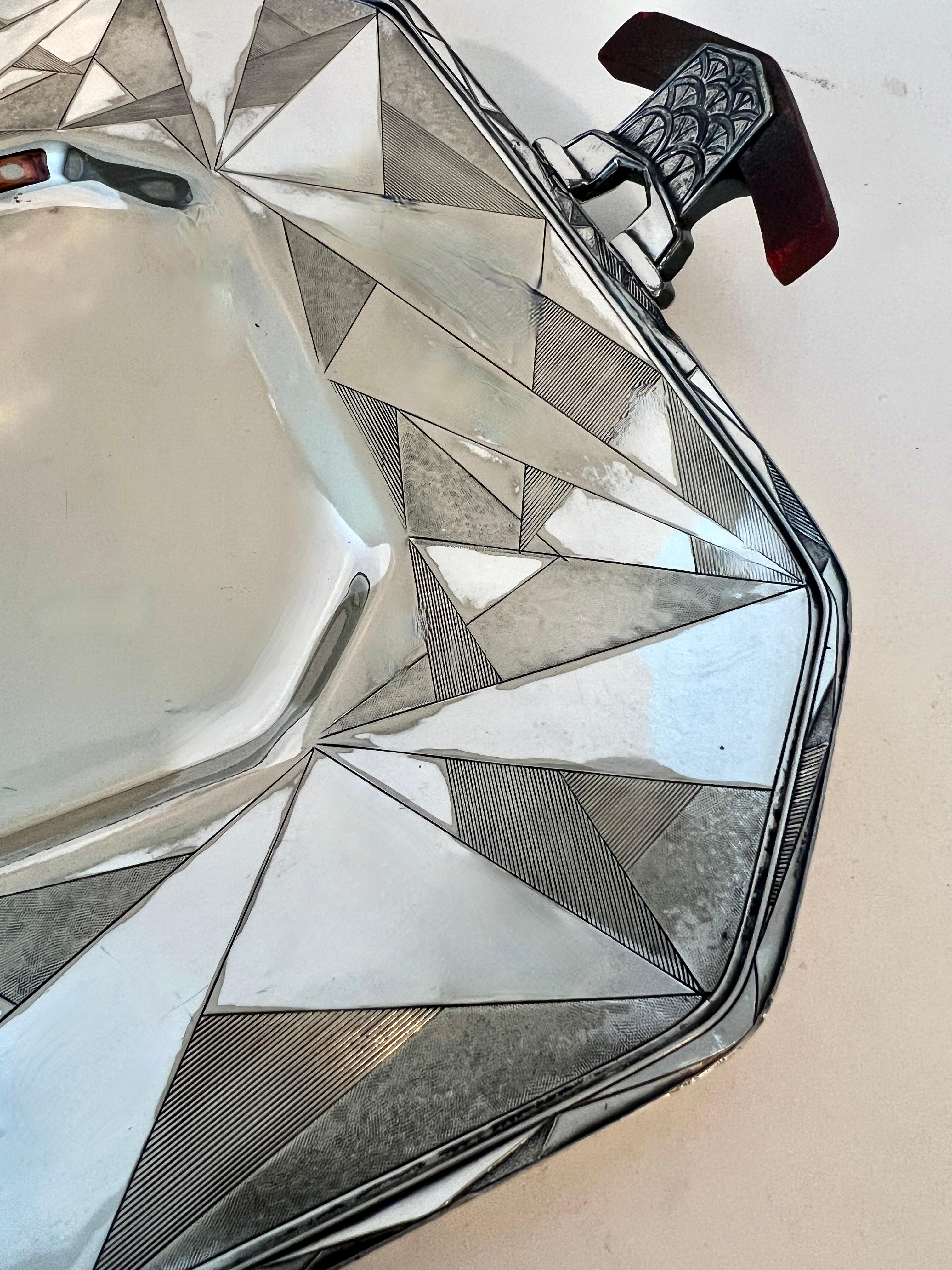 1920s Art Deco Silver Plate Benedict Geometric Tray with Bakelite Handles In Good Condition In Los Angeles, CA