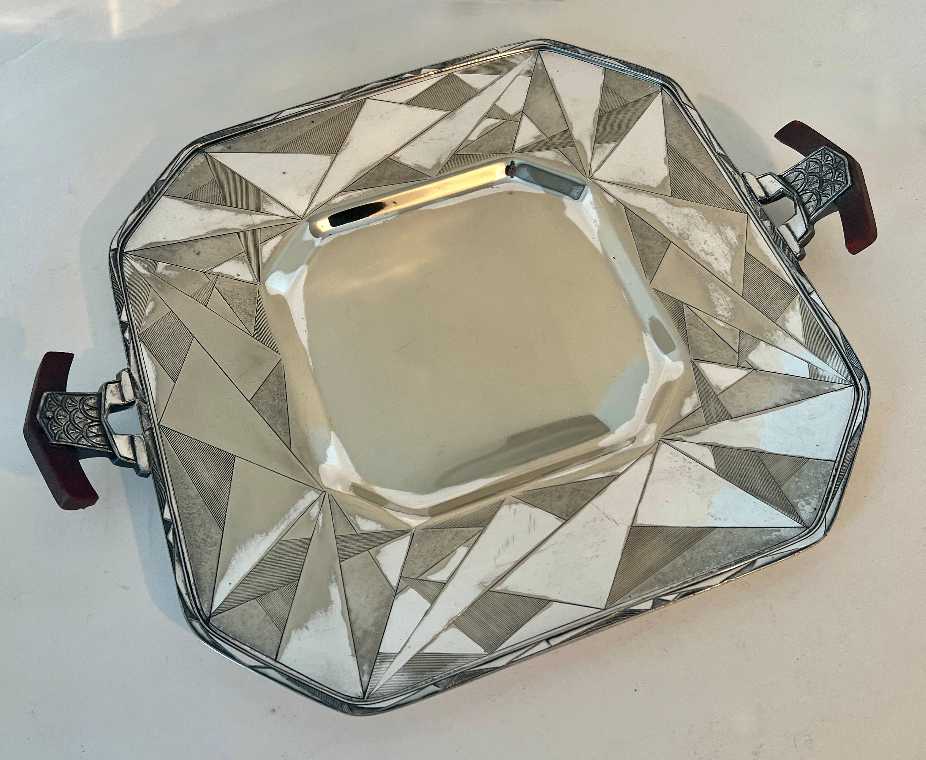 1920s Art Deco Silver Plate Benedict Geometric Tray with Bakelite Handles For Sale 1
