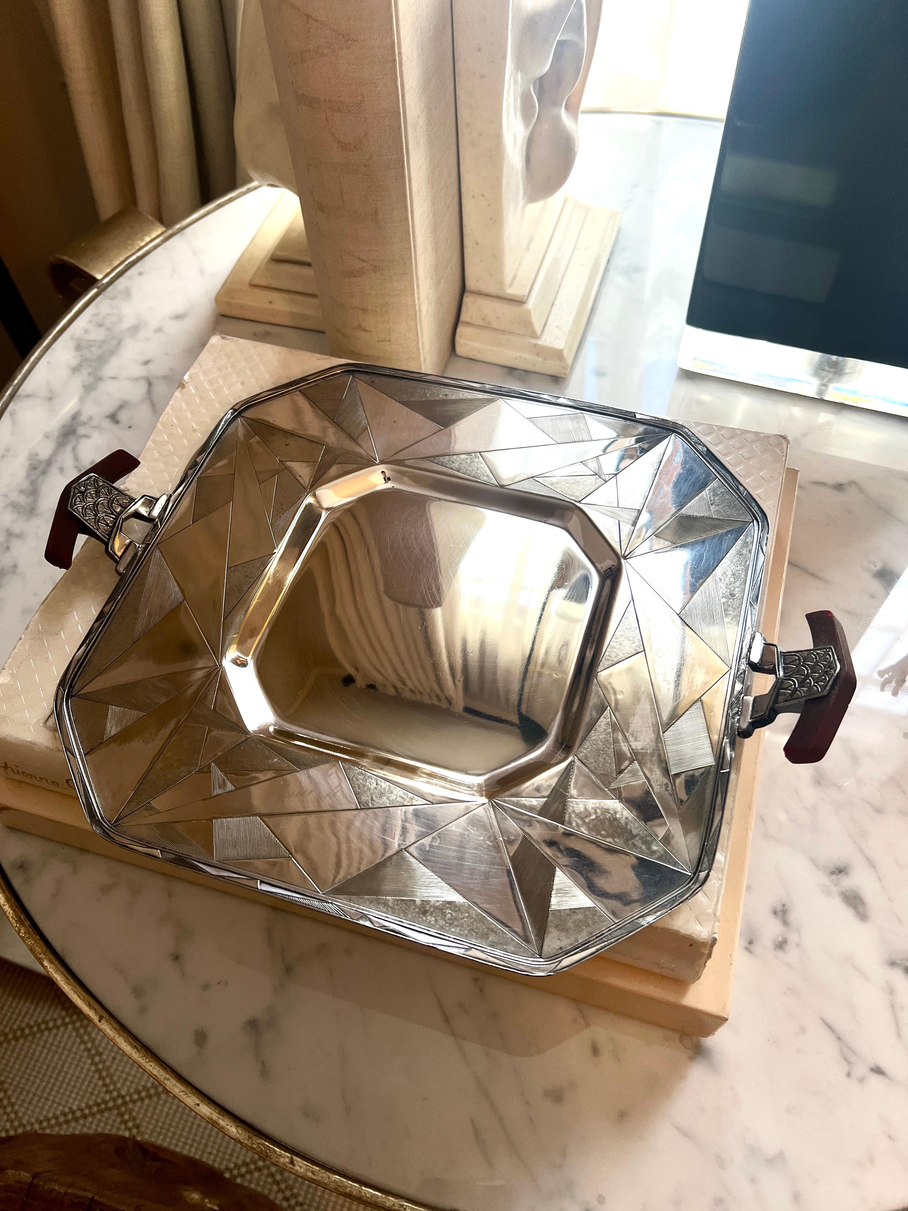 1920s Art Deco Silver Plate Benedict Geometric Tray with Bakelite Handles 3