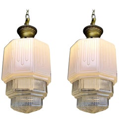 1920s Art Deco Skyline/Pyramid Schoolhouse Style Pendant Ceiling Lights