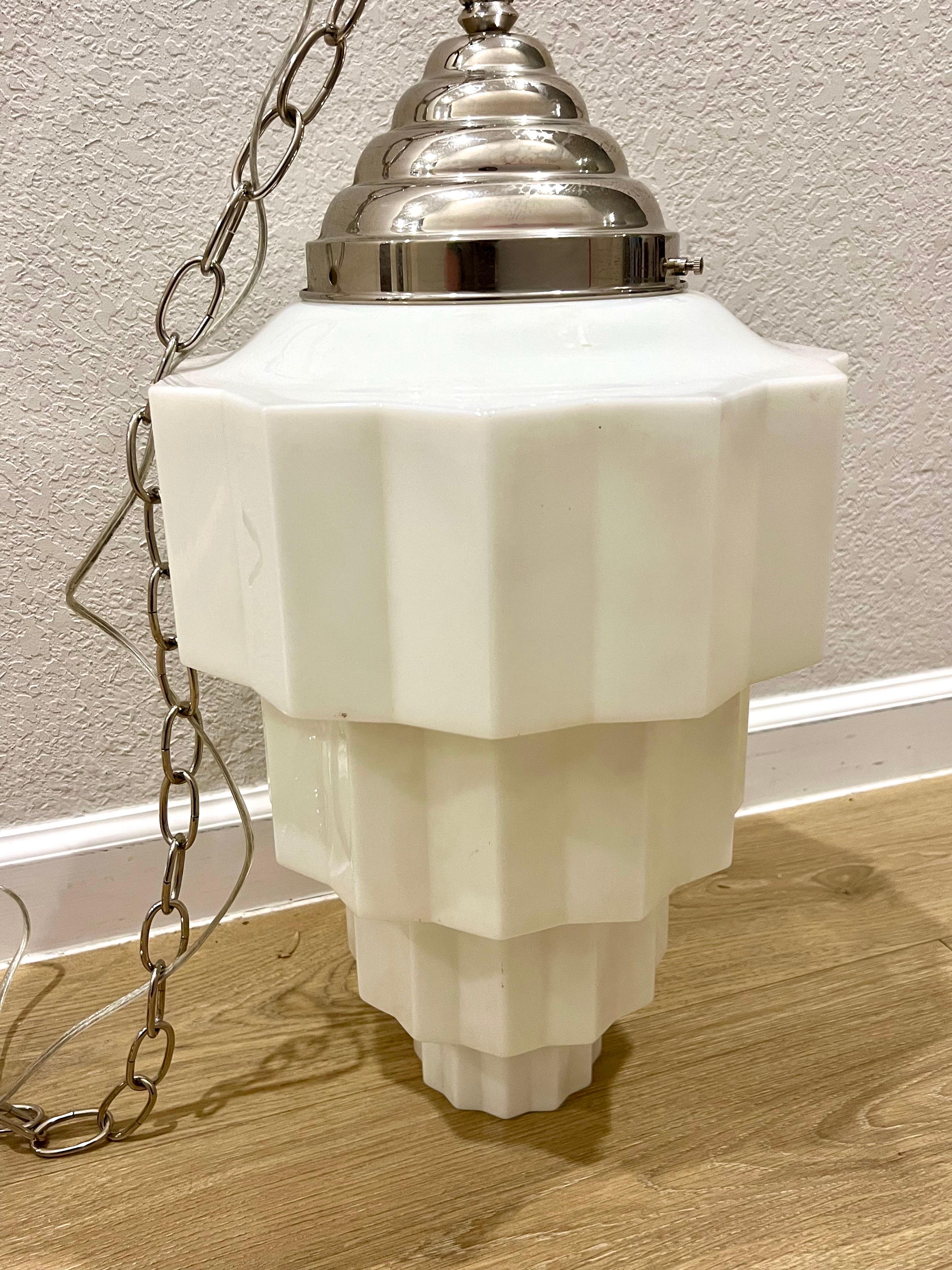 1920s Art Deco Skyscraper  Milk Glass Pendant Light